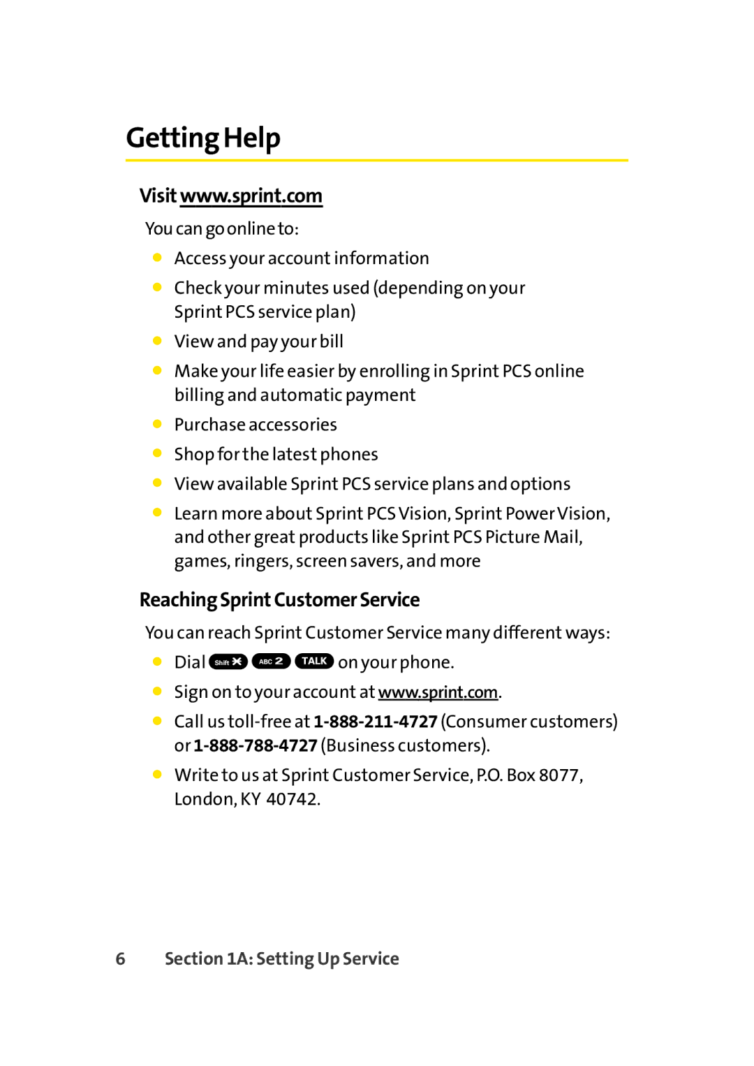 Sprint Nextel Cell Phone manual Getting Help, ReachingSprintCustomerService 