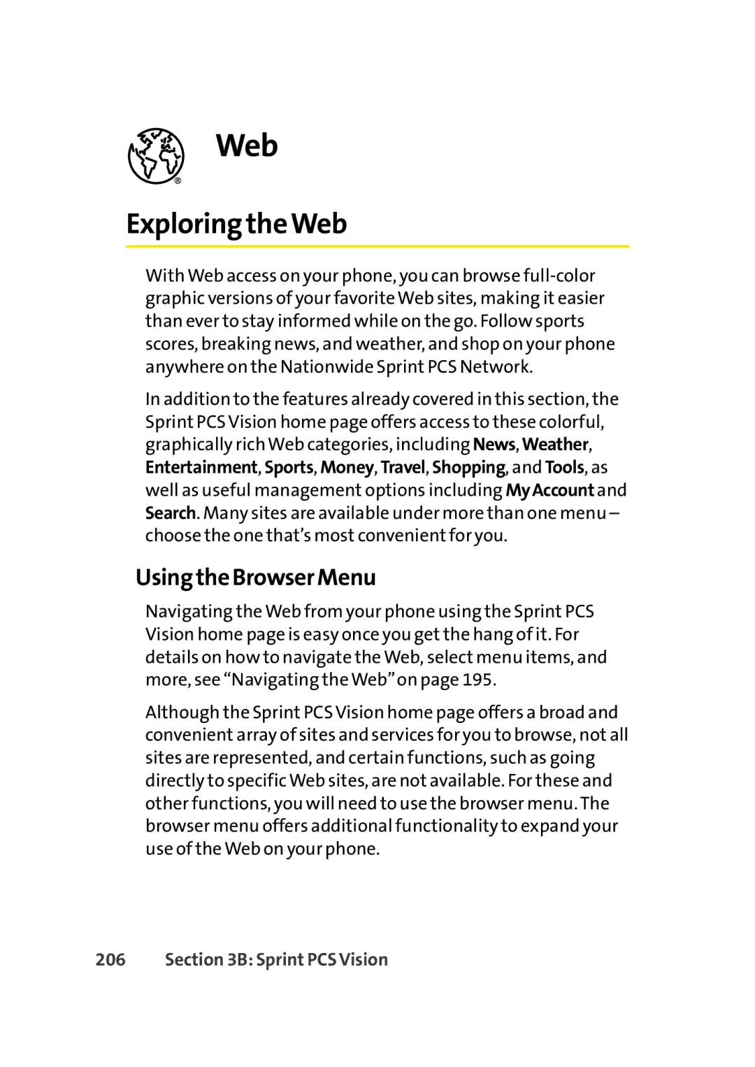 Sprint Nextel Cell Phone manual Exploring theWeb, Using the Browser Menu 