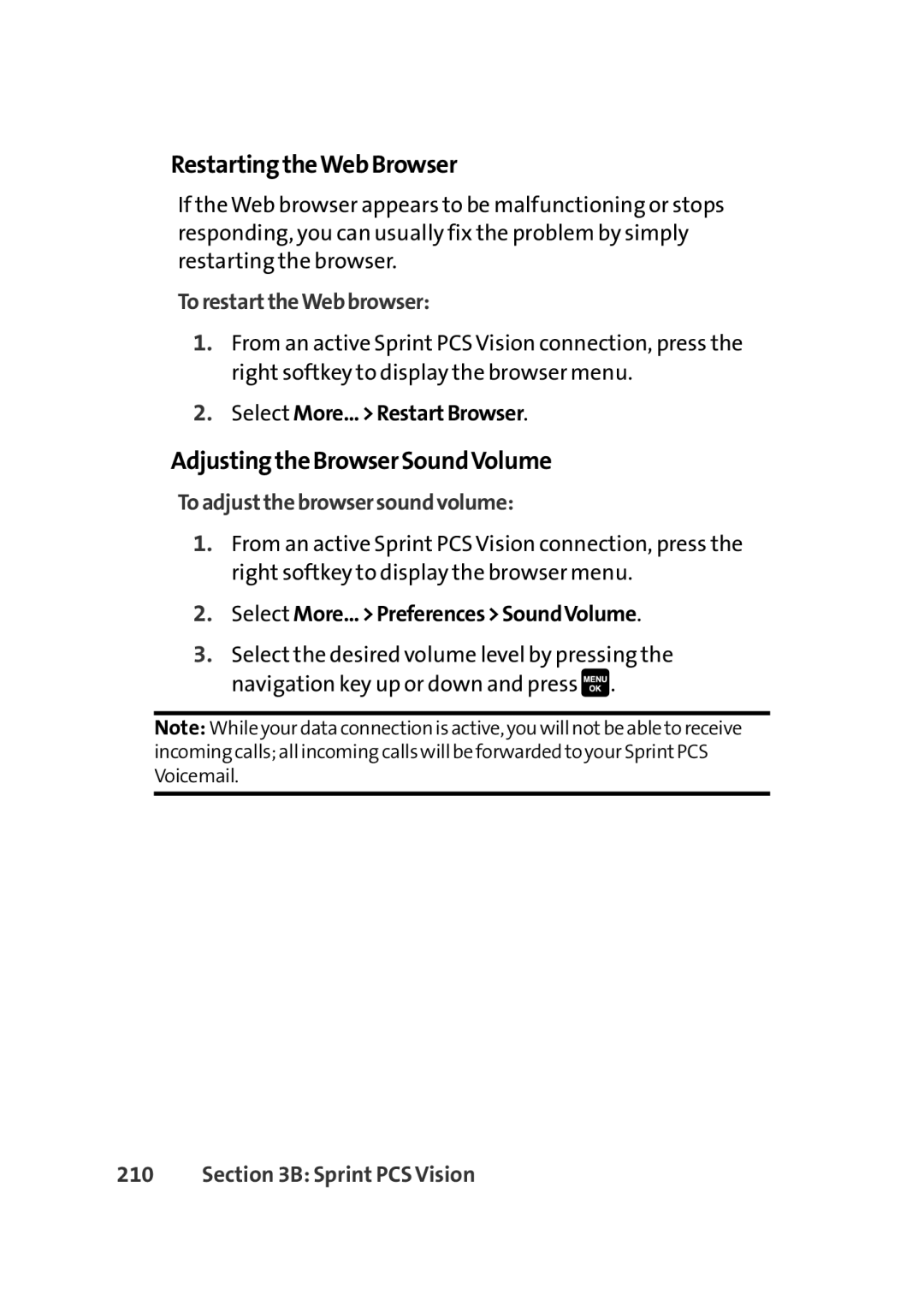 Sprint Nextel Cell Phone manual RestartingtheWebBrowser, AdjustingtheBrowserSoundVolume, TorestarttheWebbrowser 