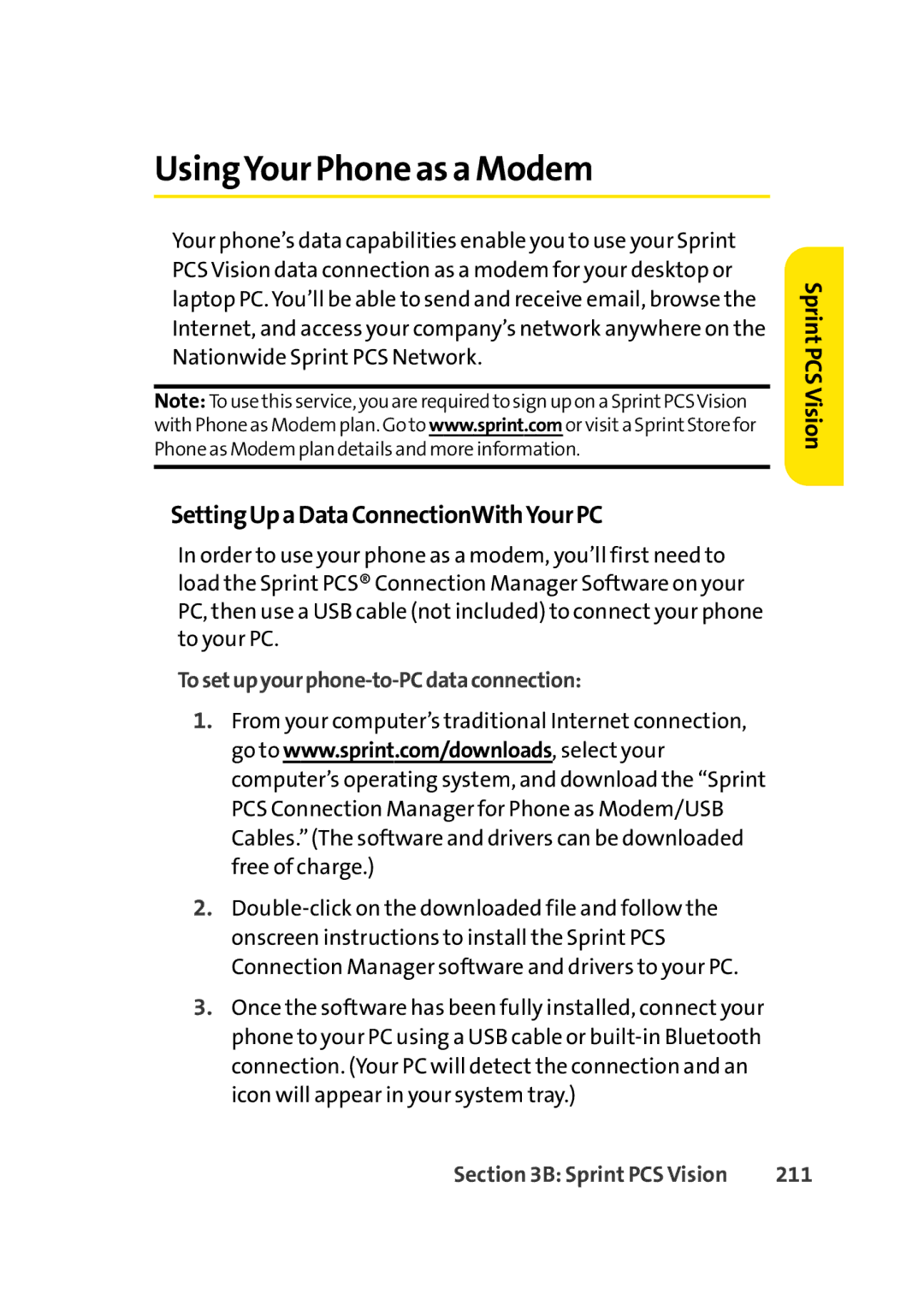 Sprint Nextel Cell Phone manual UsingYour Phone as a Modem, SettingUpaDataConnectionWithYourPC, 211 