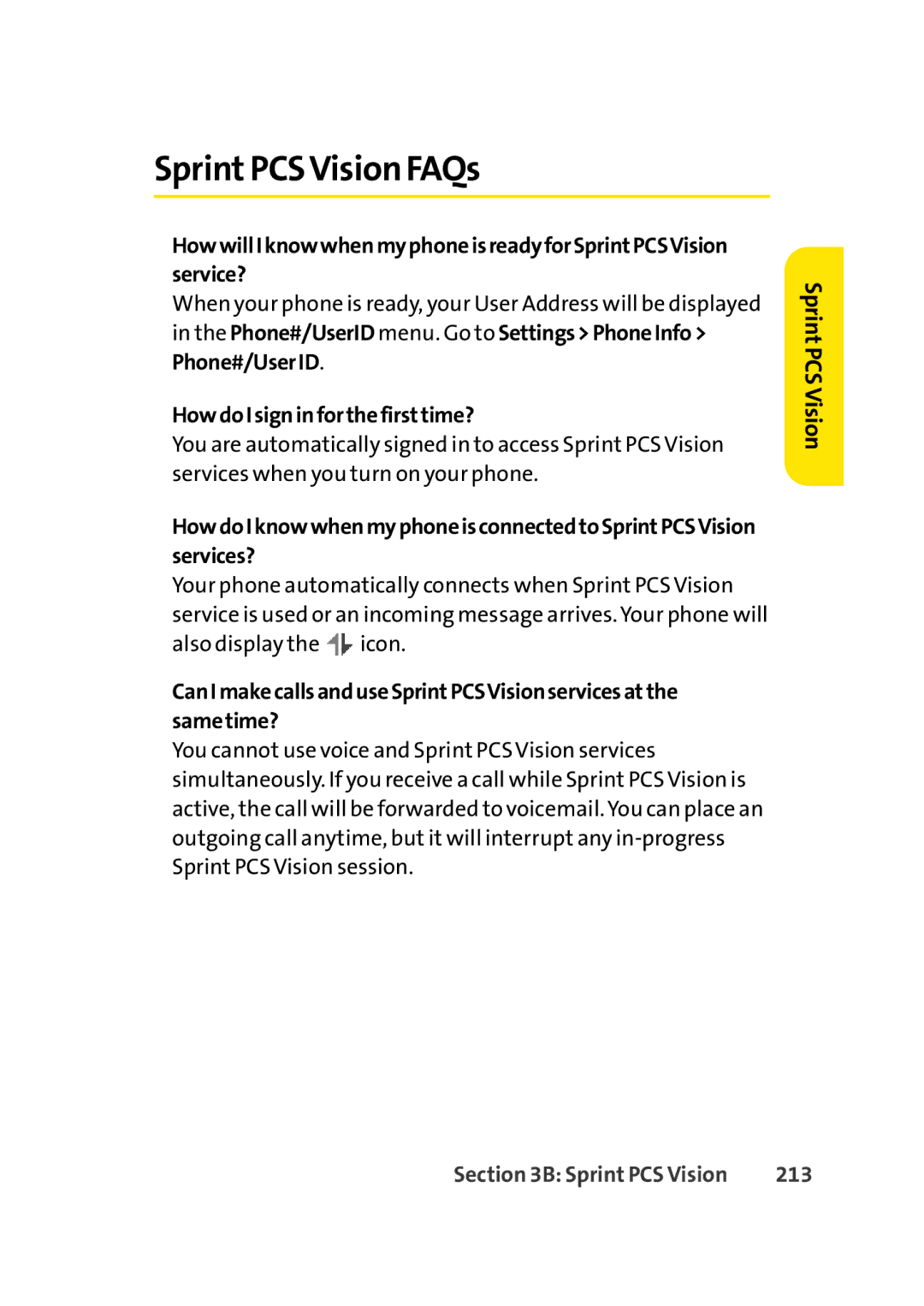 Sprint Nextel Cell Phone manual SprintPCSVision FAQs, HowdoIsigninforthefirsttime?, 213 