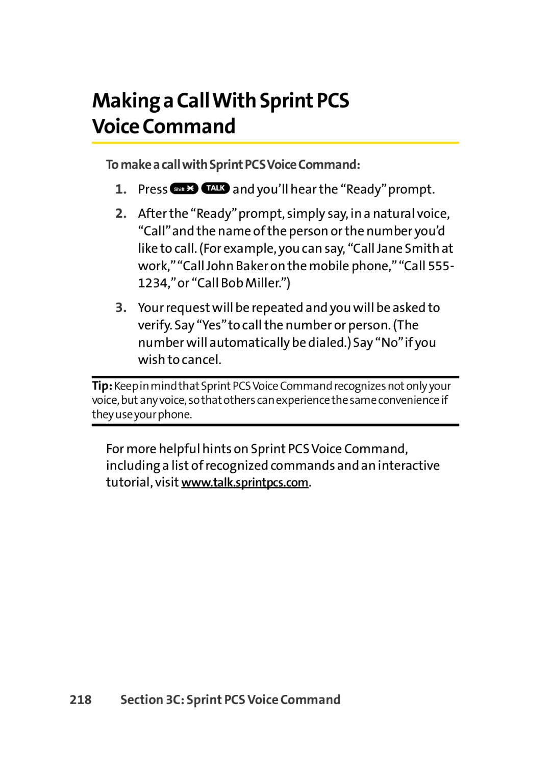 Sprint Nextel Cell Phone manual Making a CallWith SprintPCS Voice Command, TomakeacallwithSprintPCSVoiceCommand 