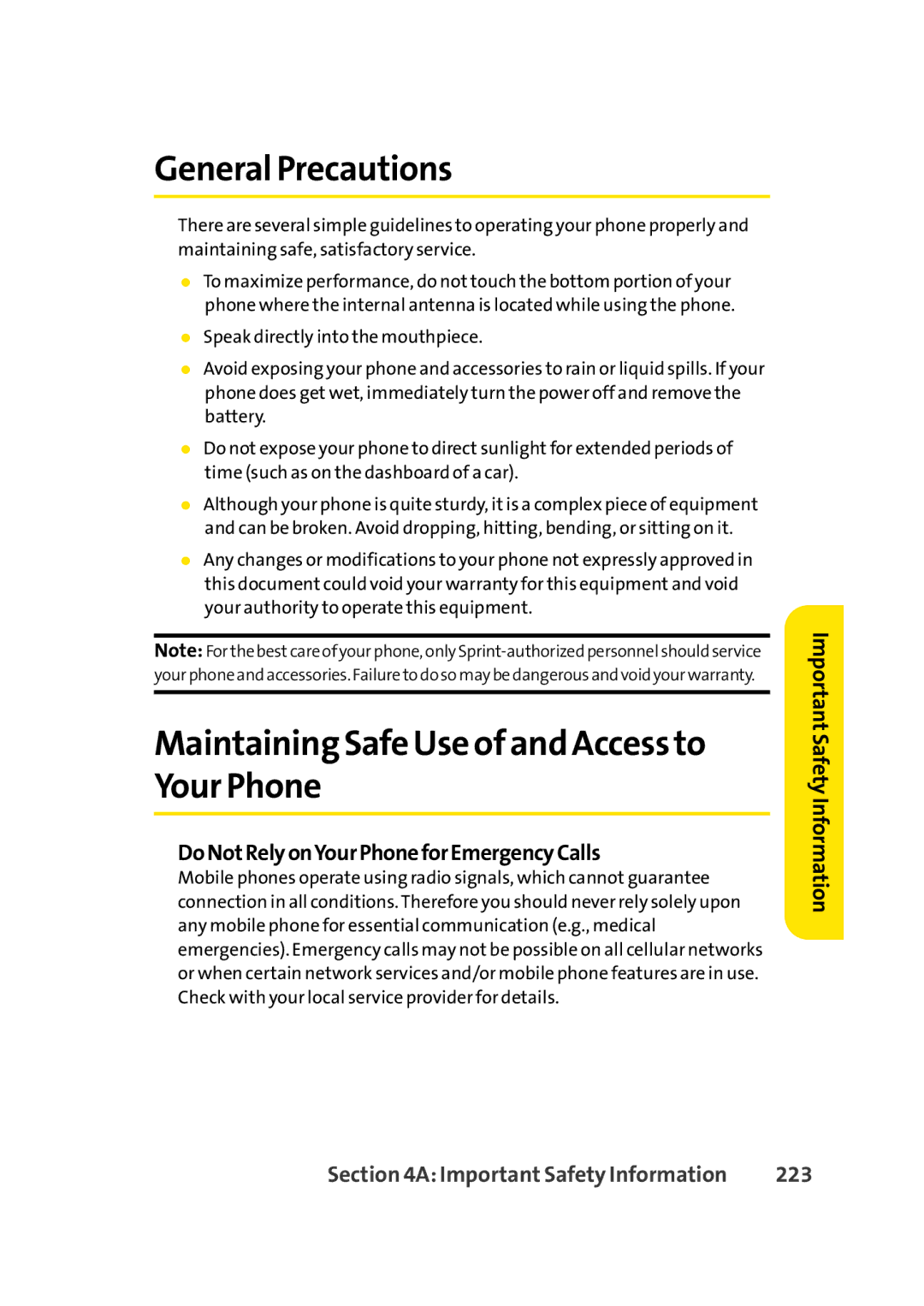 Sprint Nextel Cell Phone manual General Precautions, Maintaining Safe Use of and Access to Your Phone, 223 