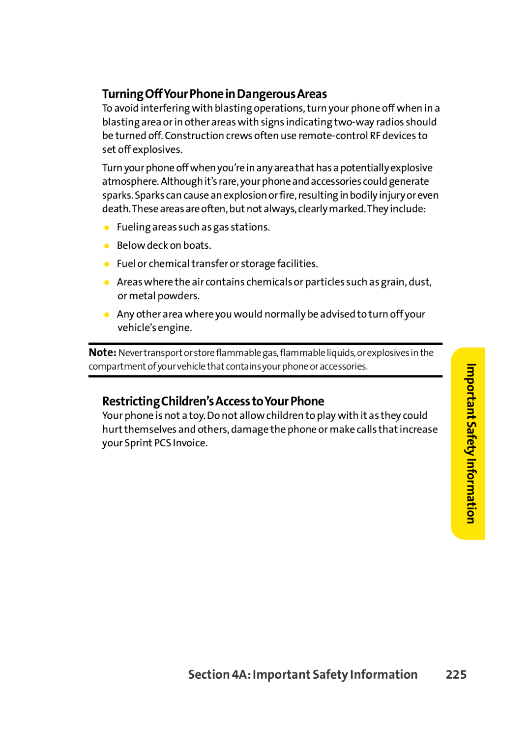 Sprint Nextel Cell Phone manual TurningOffYourPhoneinDangerousAreas, RestrictingChildren’sAccesstoYourPhone, 225 