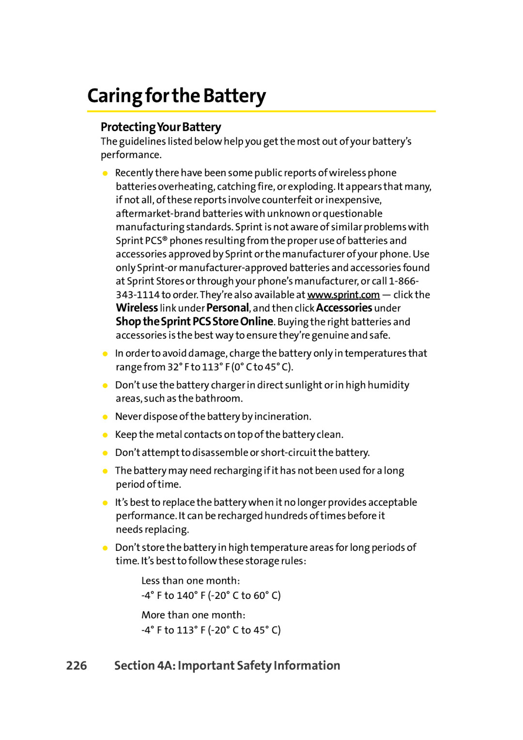 Sprint Nextel Cell Phone manual Caring for the Battery, ProtectingYourBattery 