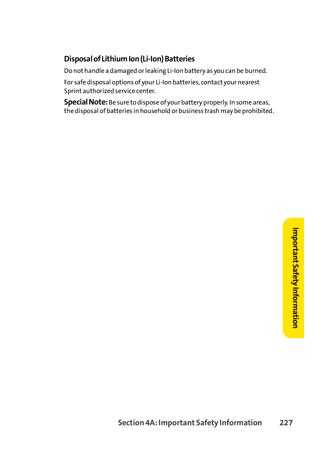 Sprint Nextel Cell Phone manual DisposalofLithiumIonLi-IonBatteries, 227 