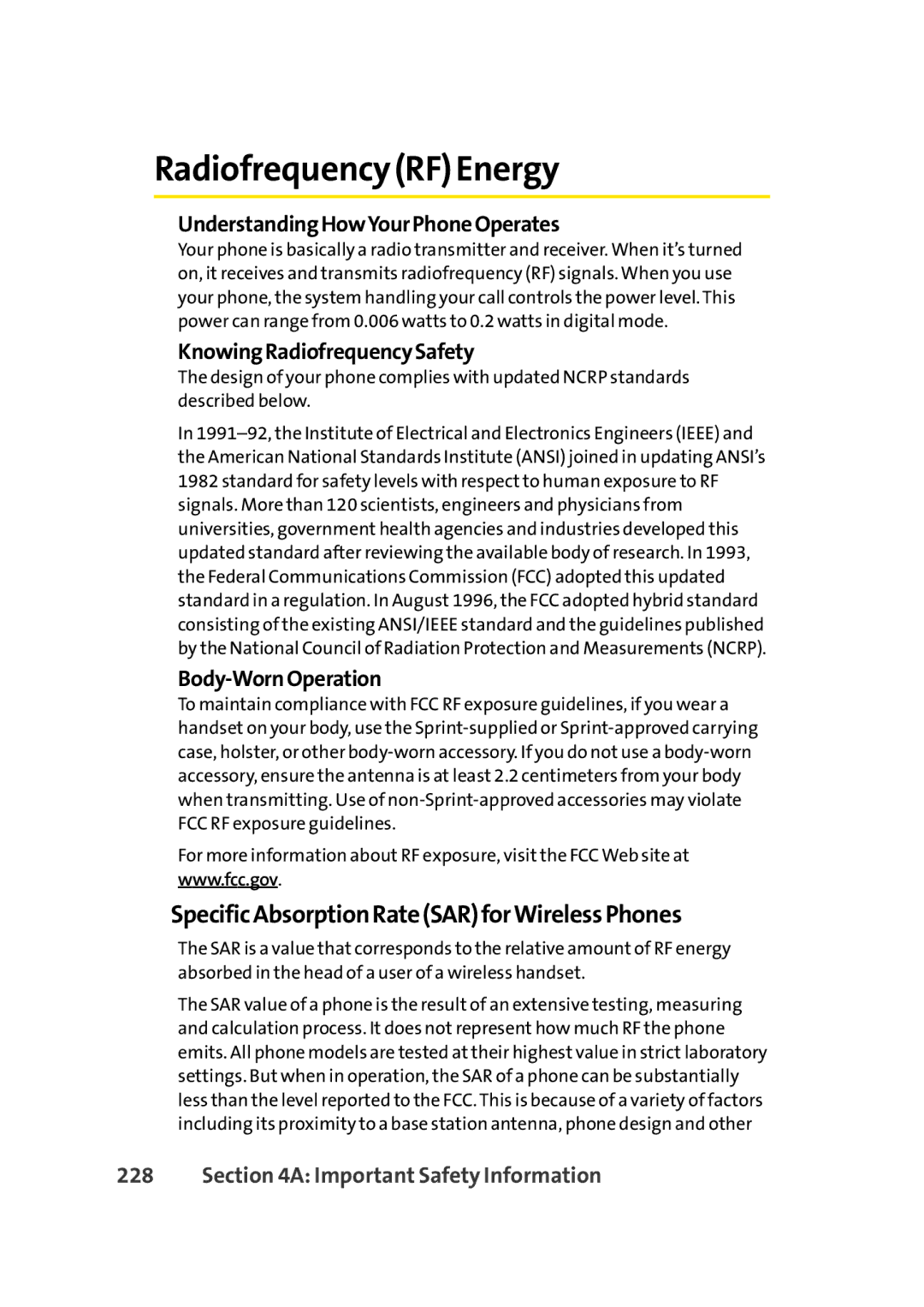 Sprint Nextel Cell Phone Radiofrequency RF Energy, SpecificAbsorptionRateSARforWirelessPhones, KnowingRadiofrequencySafety 