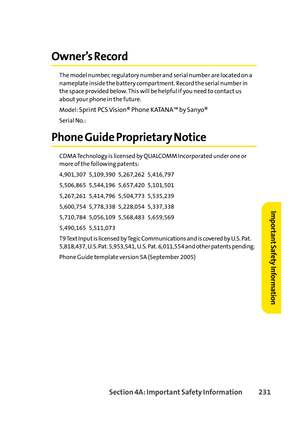 Sprint Nextel Cell Phone manual Owner’s Record, Phone Guide Proprietary Notice, 231 