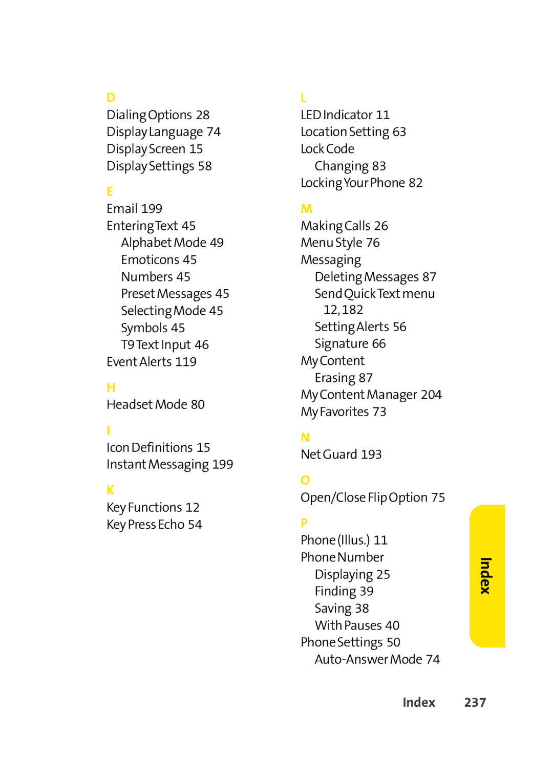 Sprint Nextel Cell Phone manual Index 