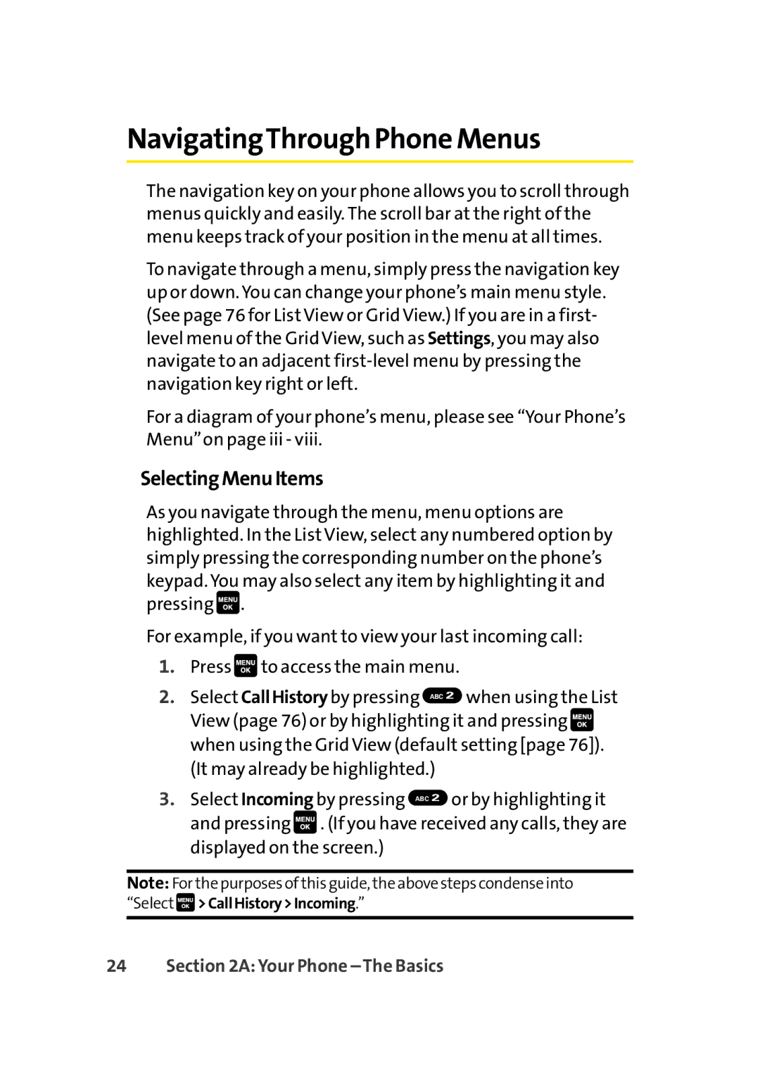 Sprint Nextel Cell Phone manual NavigatingThrough Phone Menus, SelectingMenuItems 