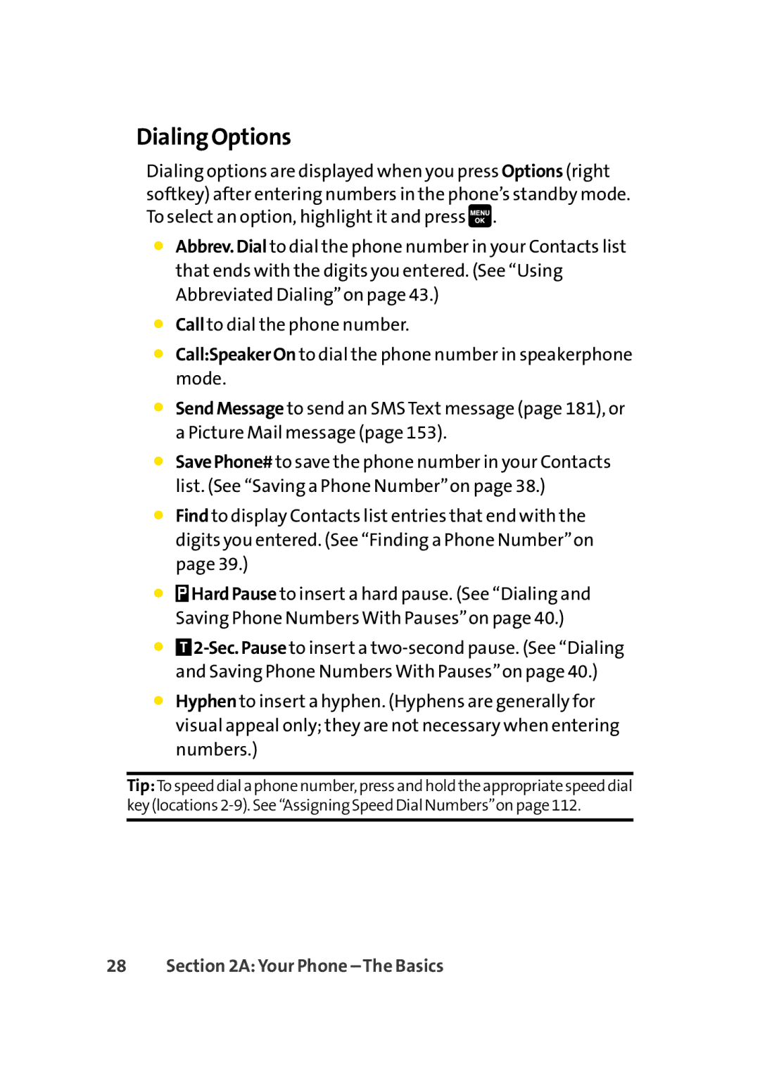 Sprint Nextel Cell Phone manual Dialing Options 