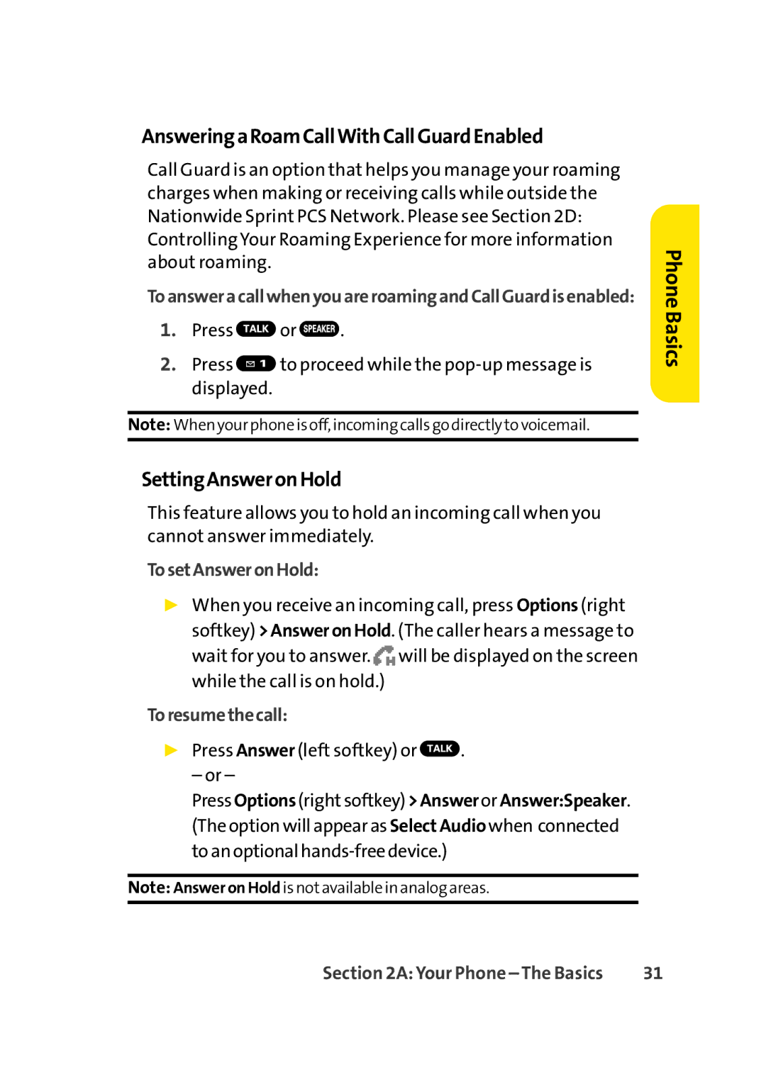 Sprint Nextel Cell Phone AnsweringaRoamCallWithCallGuardEnabled, SettingAnsweronHold, TosetAnsweronHold, Toresumethecall 