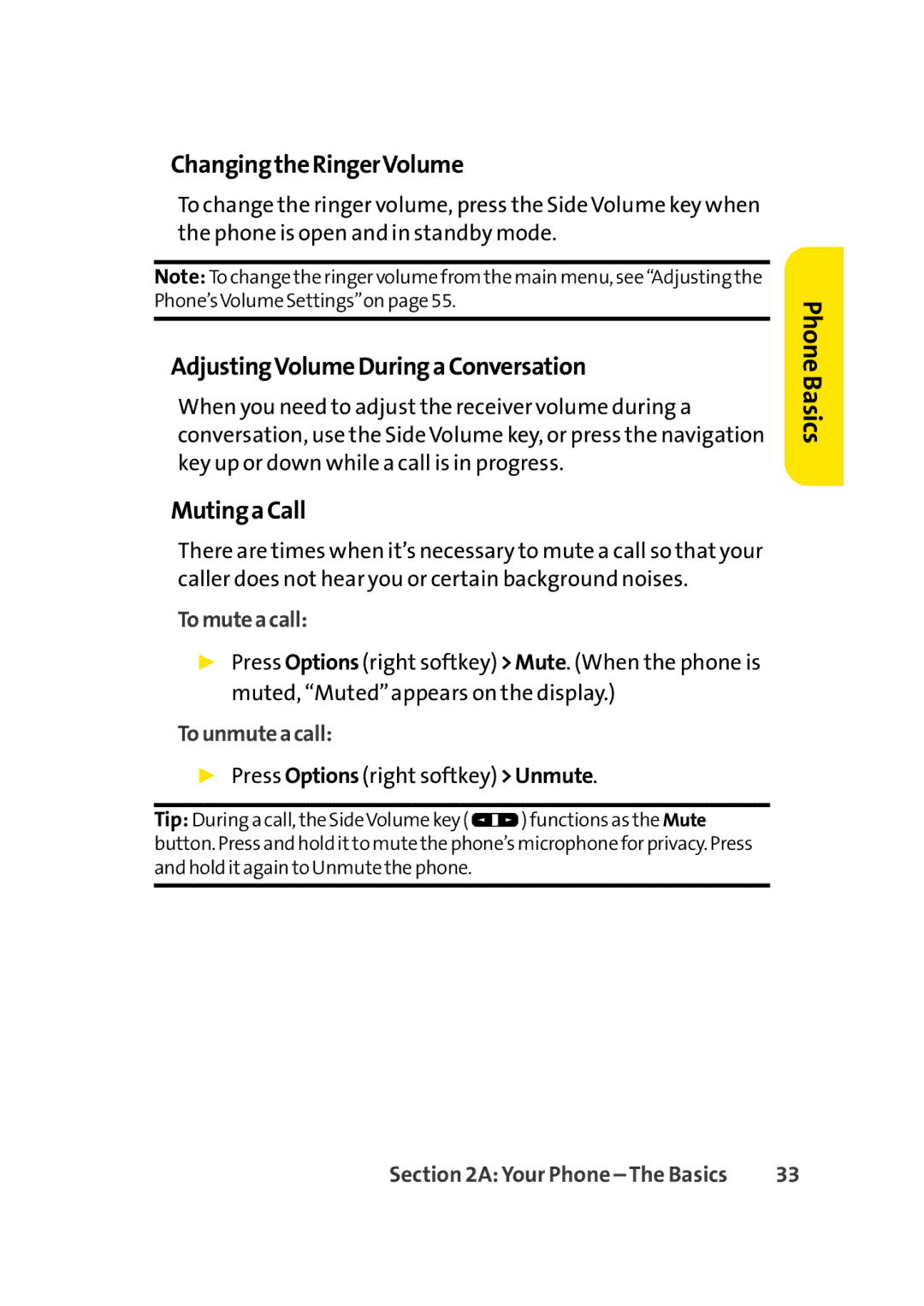 Sprint Nextel Cell Phone manual ChangingtheRingerVolume, AdjustingVolumeDuringaConversation, MutingaCall, Tomuteacall 