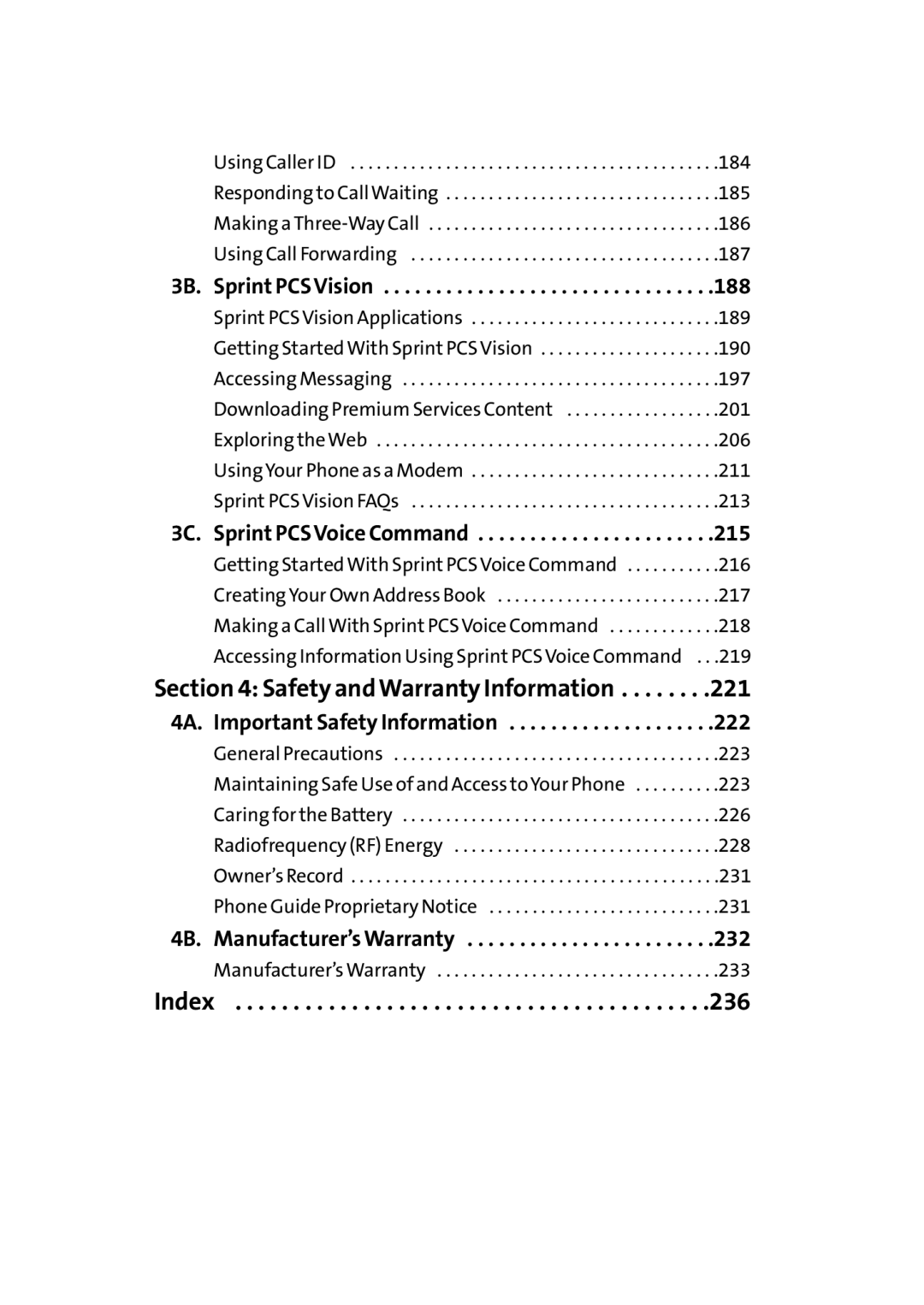 Sprint Nextel Cell Phone manual 3B. Sprint PCS Vision, 3C. Sprint PCS Voice Command, 4A. Important Safety Information 