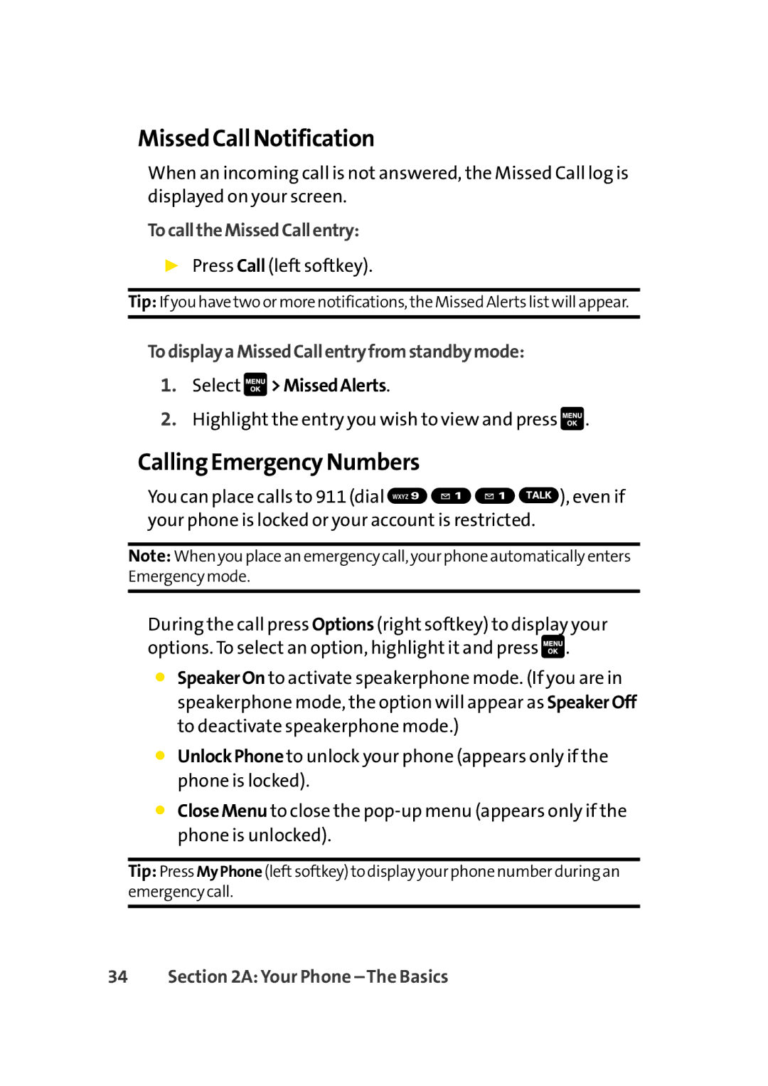 Sprint Nextel Cell Phone manual Missed Call Notification, Calling Emergency Numbers, TocalltheMissedCallentry 