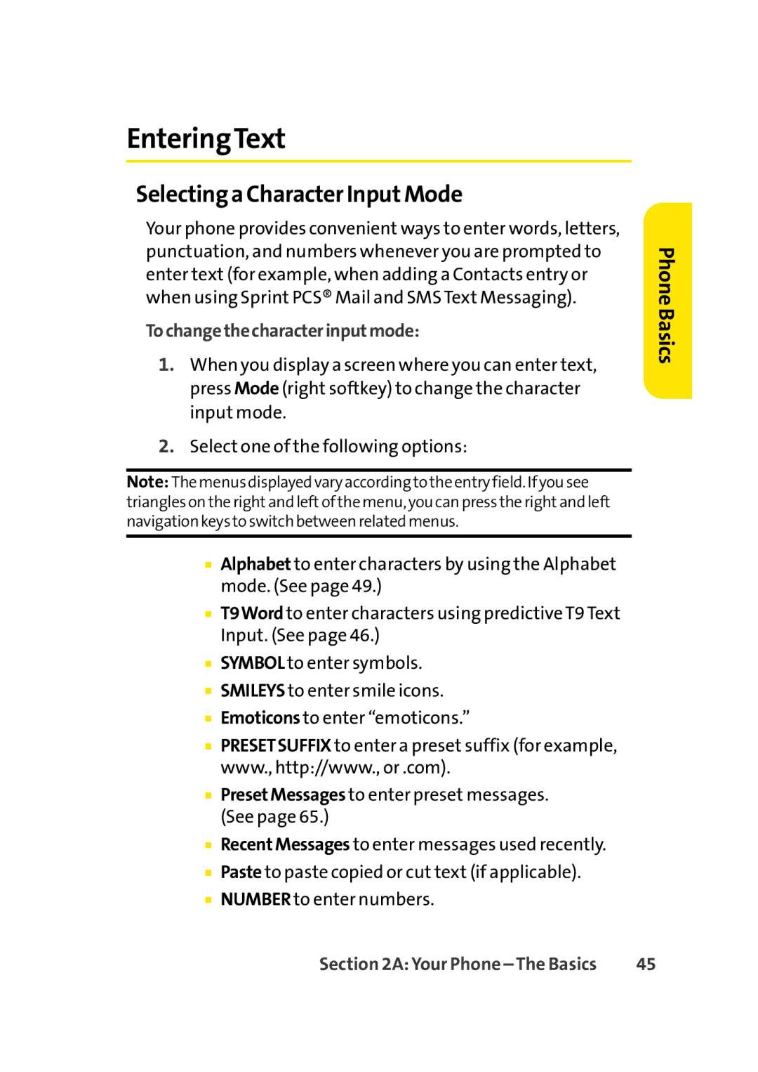 Sprint Nextel Cell Phone manual EnteringText, Selecting a Character InputMode, Tochangethecharacterinputmode 