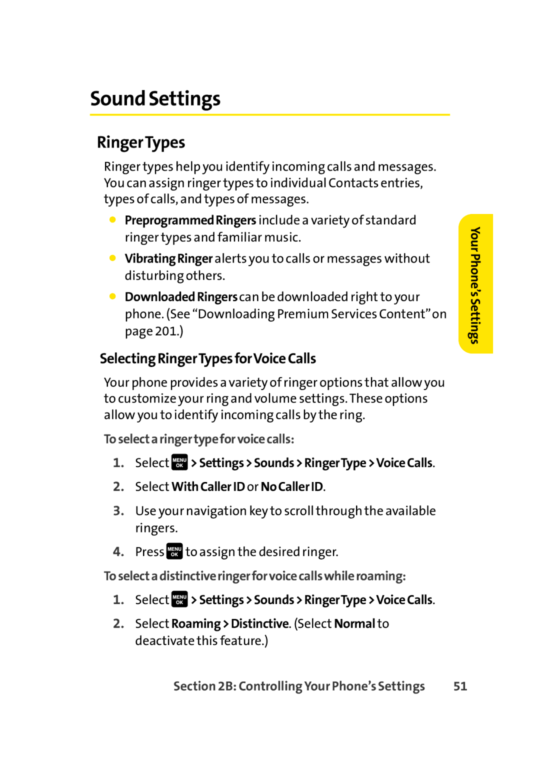 Sprint Nextel Cell Phone manual Sound Settings, SelectingRingerTypesforVoiceCalls, Toselectaringertypeforvoicecalls 