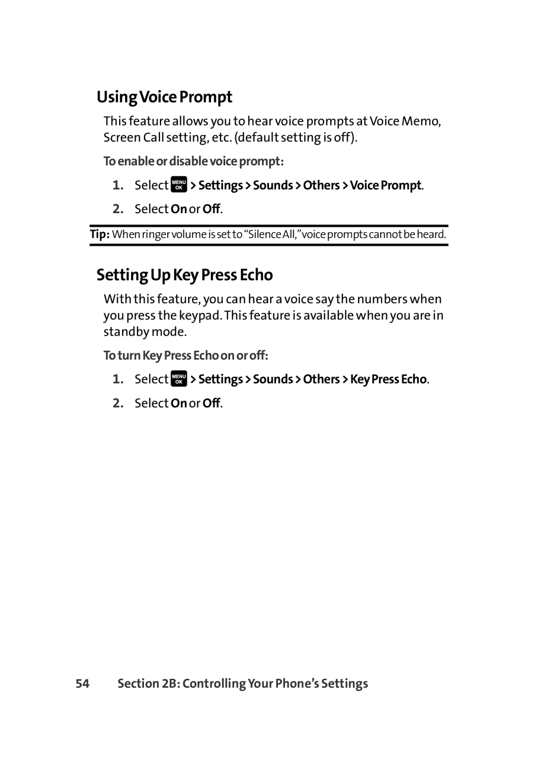 Sprint Nextel Cell Phone manual UsingVoice Prompt, Setting Up Key Press Echo, Toenableordisablevoiceprompt 