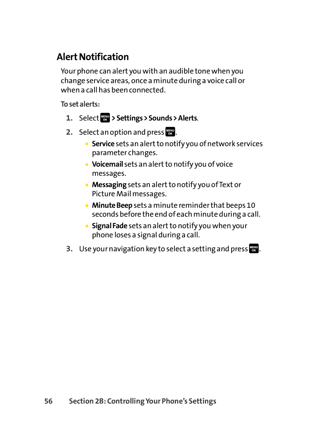 Sprint Nextel Cell Phone manual Alert Notification, Tosetalerts, Select SettingsSoundsAlerts 