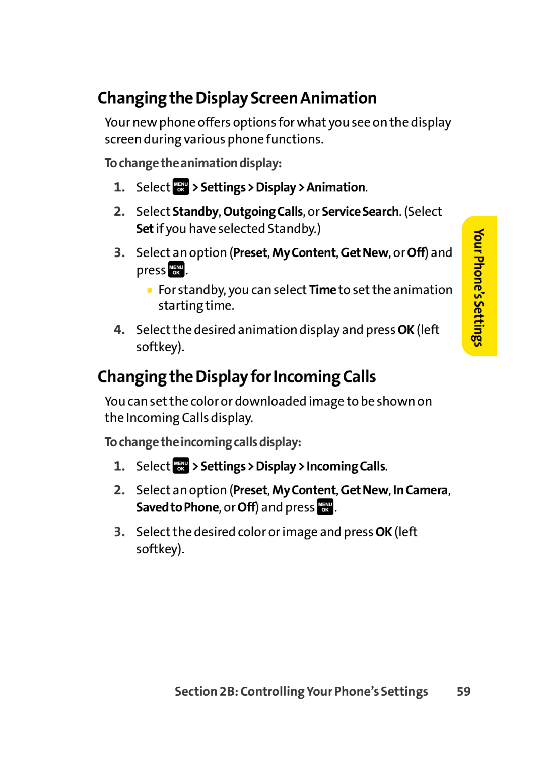 Sprint Nextel Cell Phone manual Changing the Display Screen Animation, Changing the Display for Incoming Calls 