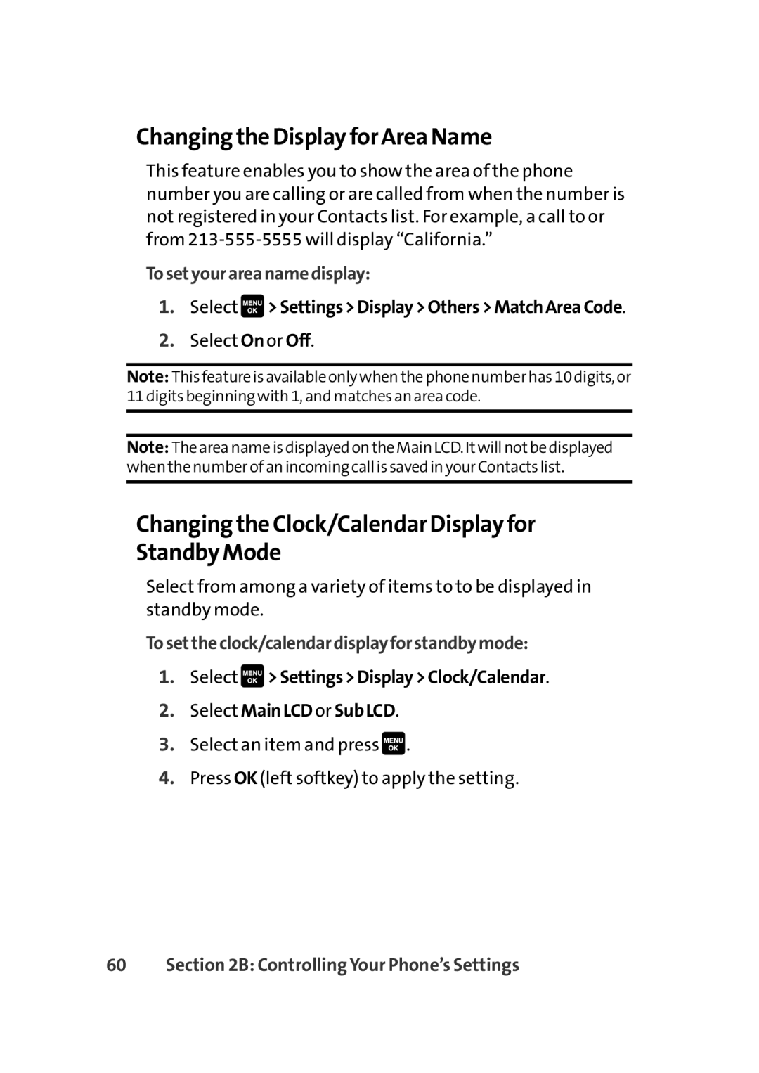 Sprint Nextel Cell Phone manual Changing the Display for Area Name, Changing the Clock/Calendar Display for Standby Mode 