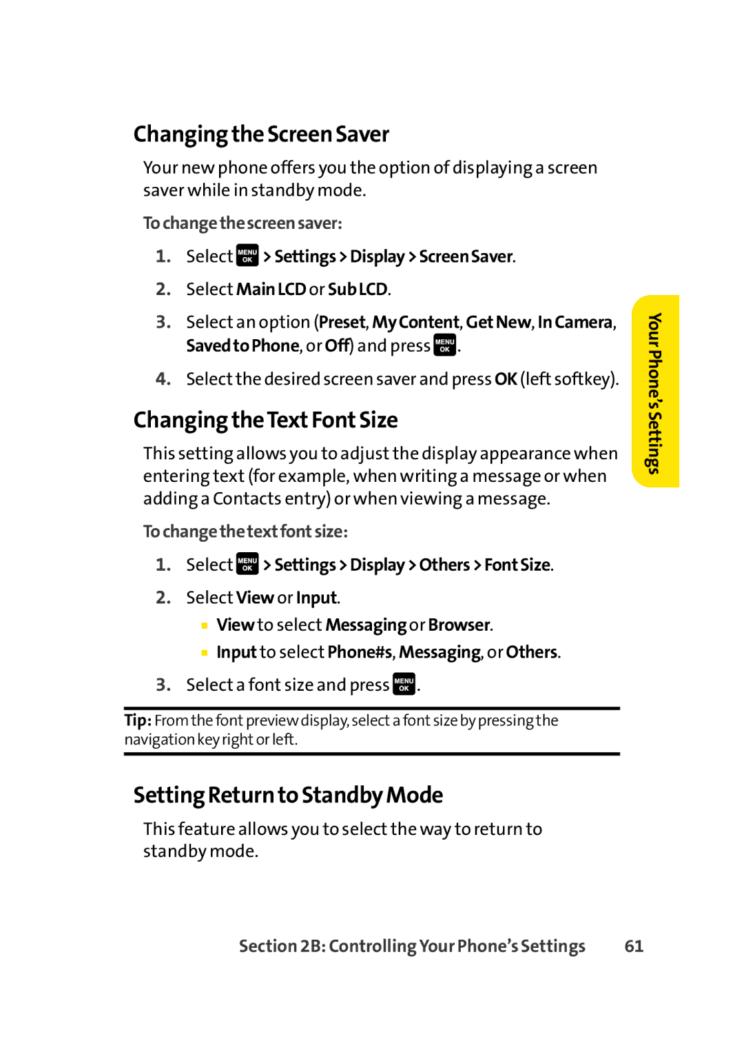 Sprint Nextel Cell Phone manual Changing the Screen Saver, Changing theTextFontSize, Setting Return to Standby Mode 