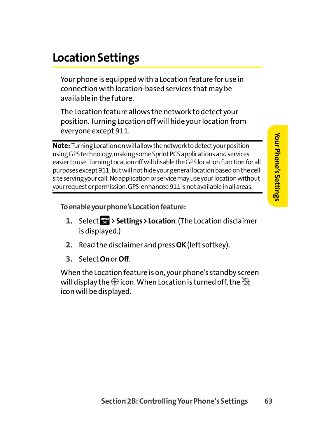 Sprint Nextel Cell Phone manual Location Settings, Toenableyourphone’sLocationfeature 