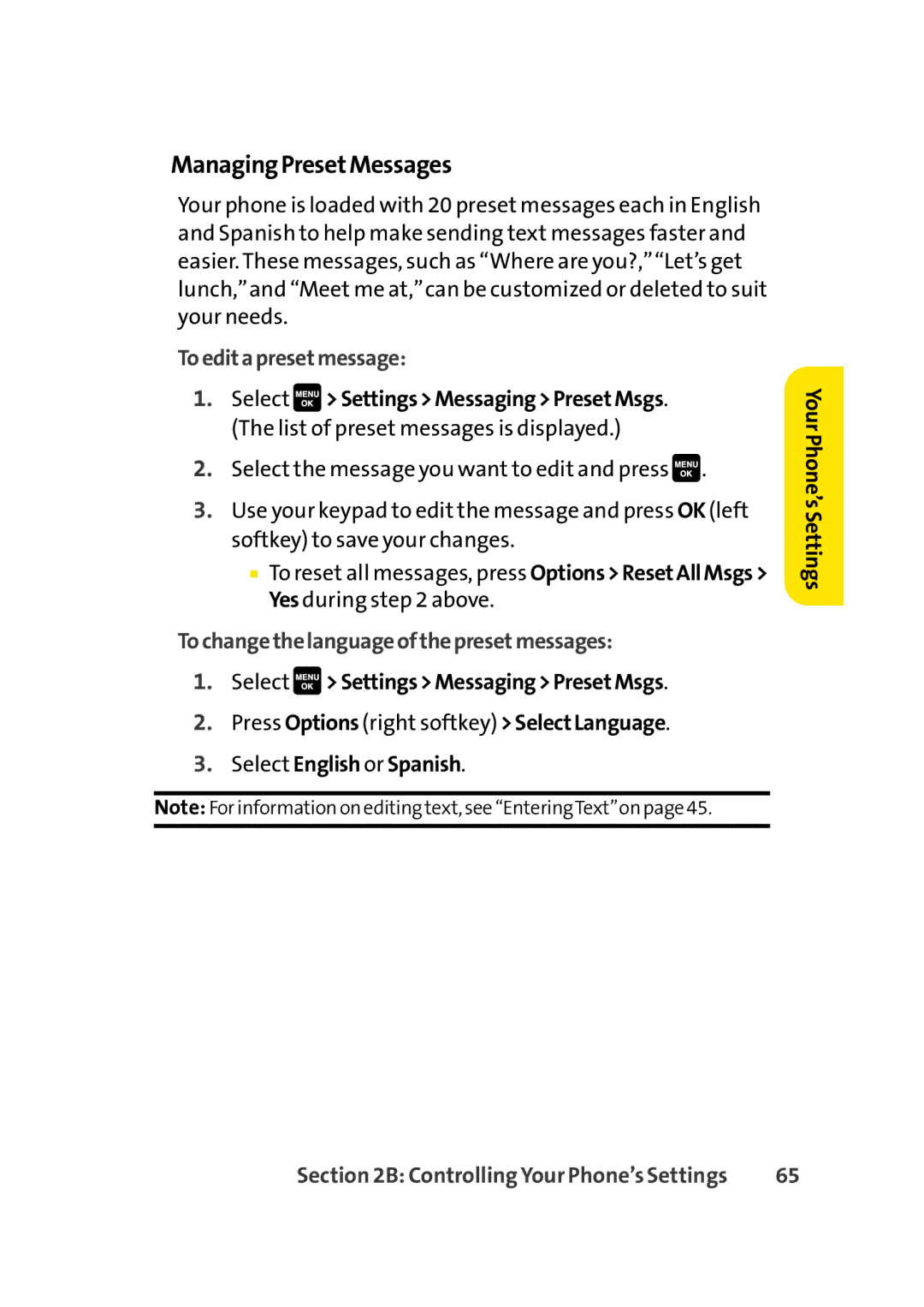 Sprint Nextel Cell Phone manual ManagingPresetMessages, Toeditapresetmessage, Tochangethelanguageofthepresetmessages 