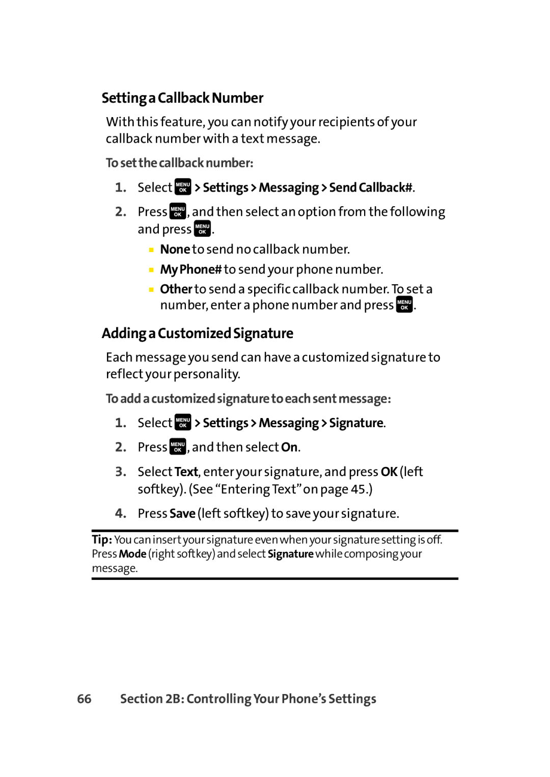 Sprint Nextel Cell Phone manual SettingaCallbackNumber, AddingaCustomizedSignature, Tosetthecallbacknumber 