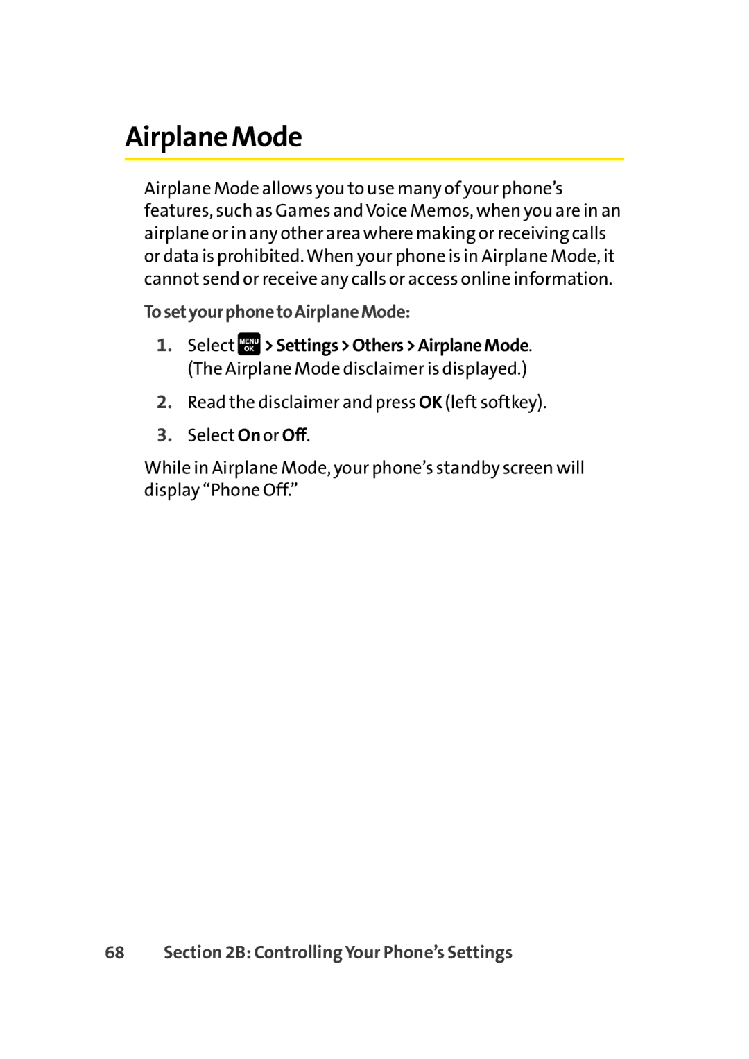 Sprint Nextel Cell Phone manual Airplane Mode, TosetyourphonetoAirplaneMode 