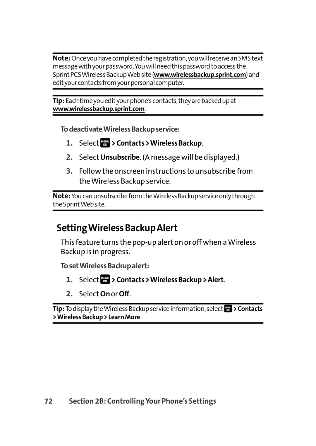 Sprint Nextel Cell Phone manual SettingWireless Backup Alert, TodeactivateWirelessBackupservice, TosetWirelessBackupalert 