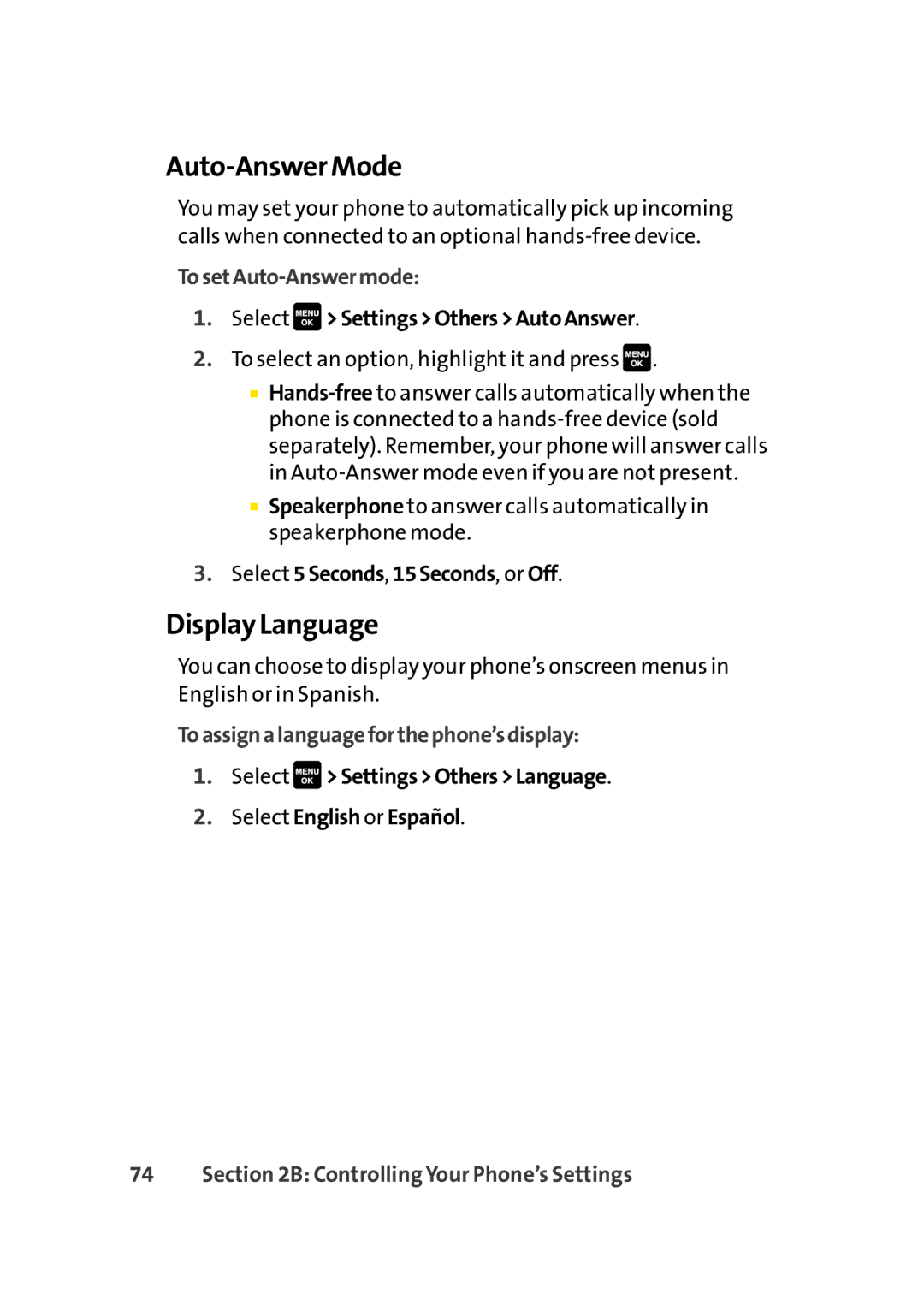 Sprint Nextel Cell Phone Auto-Answer Mode, Display Language, TosetAuto-Answermode, Toassignalanguageforthephone’sdisplay 