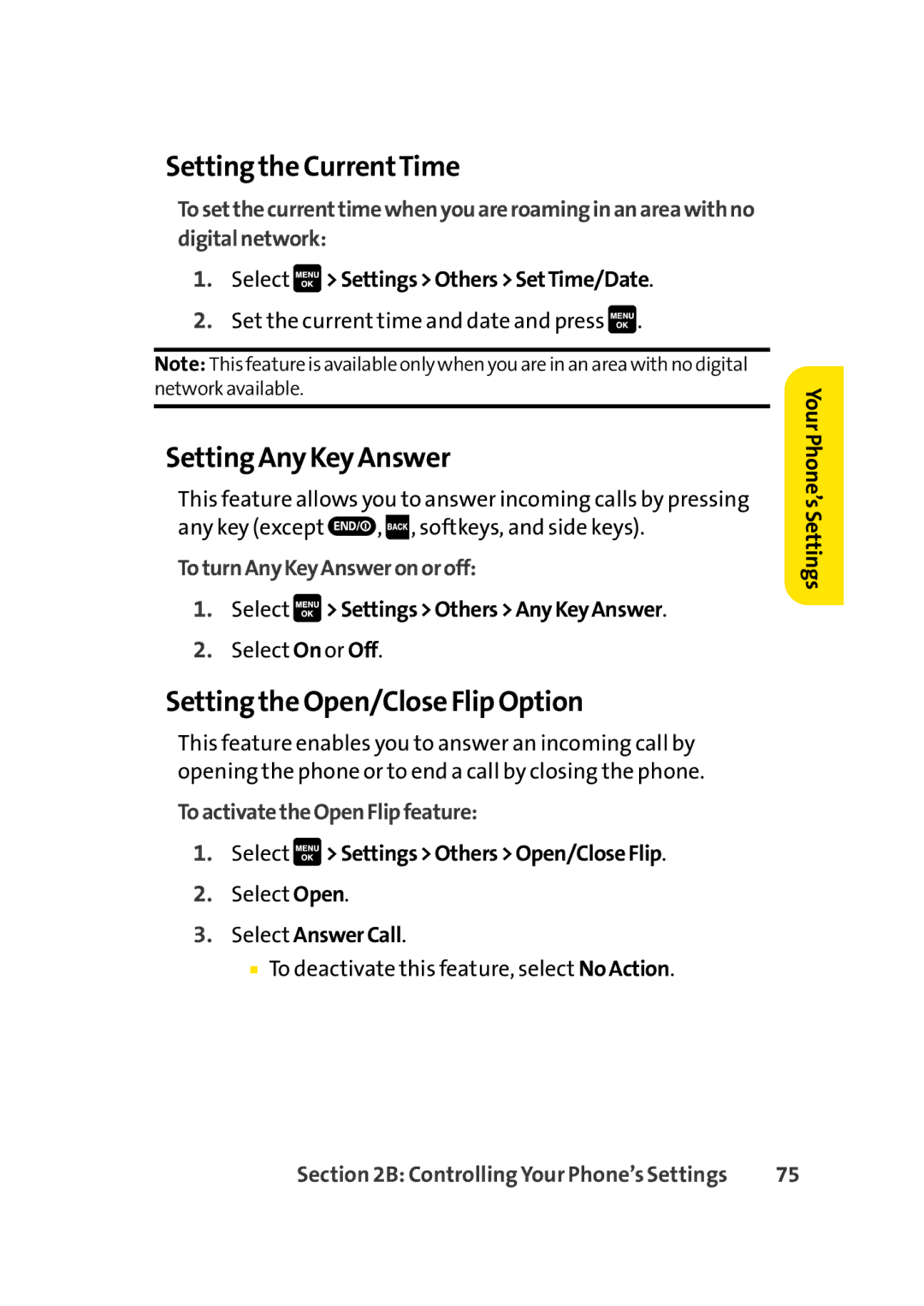 Sprint Nextel Cell Phone manual Setting the CurrentTime, Setting Any Key Answer, Setting the Open/Close Flip Option 