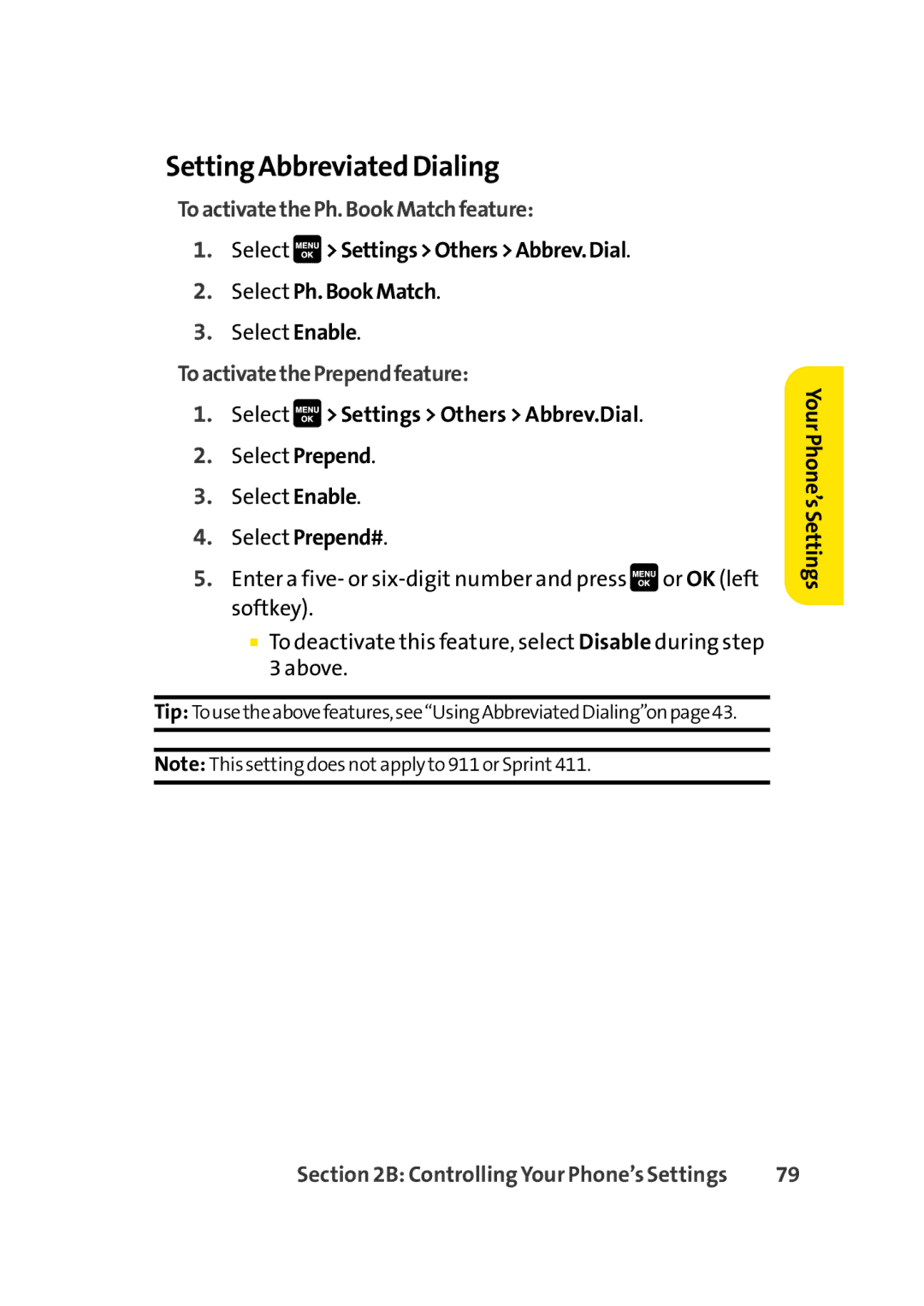 Sprint Nextel Cell Phone manual Setting Abbreviated Dialing, ToactivatethePh.BookMatchfeature, ToactivatethePrependfeature 