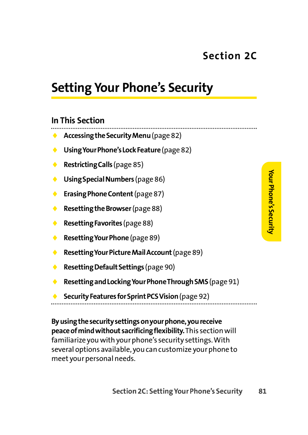 Sprint Nextel Cell Phone manual Setting Your Phone’s Security, YourPhone’sSecurity 