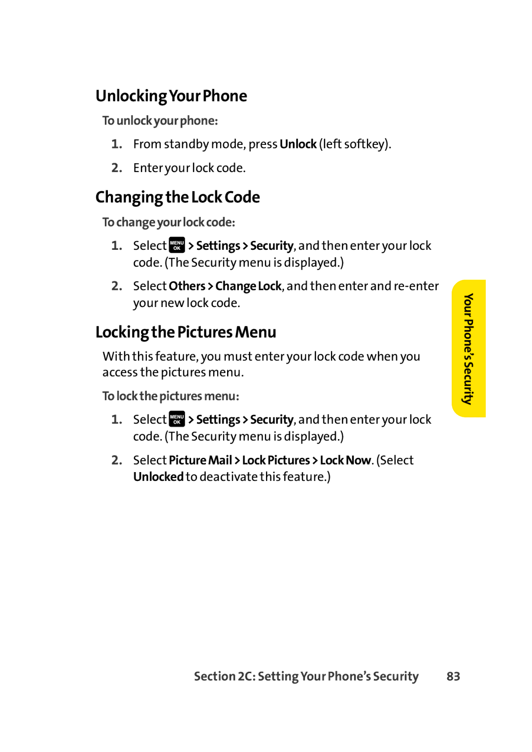 Sprint Nextel Cell Phone manual UnlockingYour Phone, Changing the Lock Code, Locking the Pictures Menu 