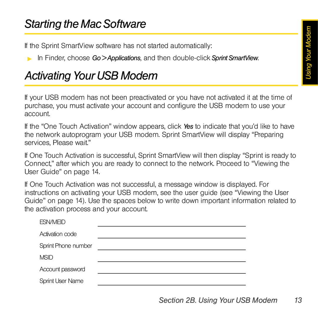 Sprint Nextel Compass 597 manual Starting the Mac Software, Activating Your USB Modem 