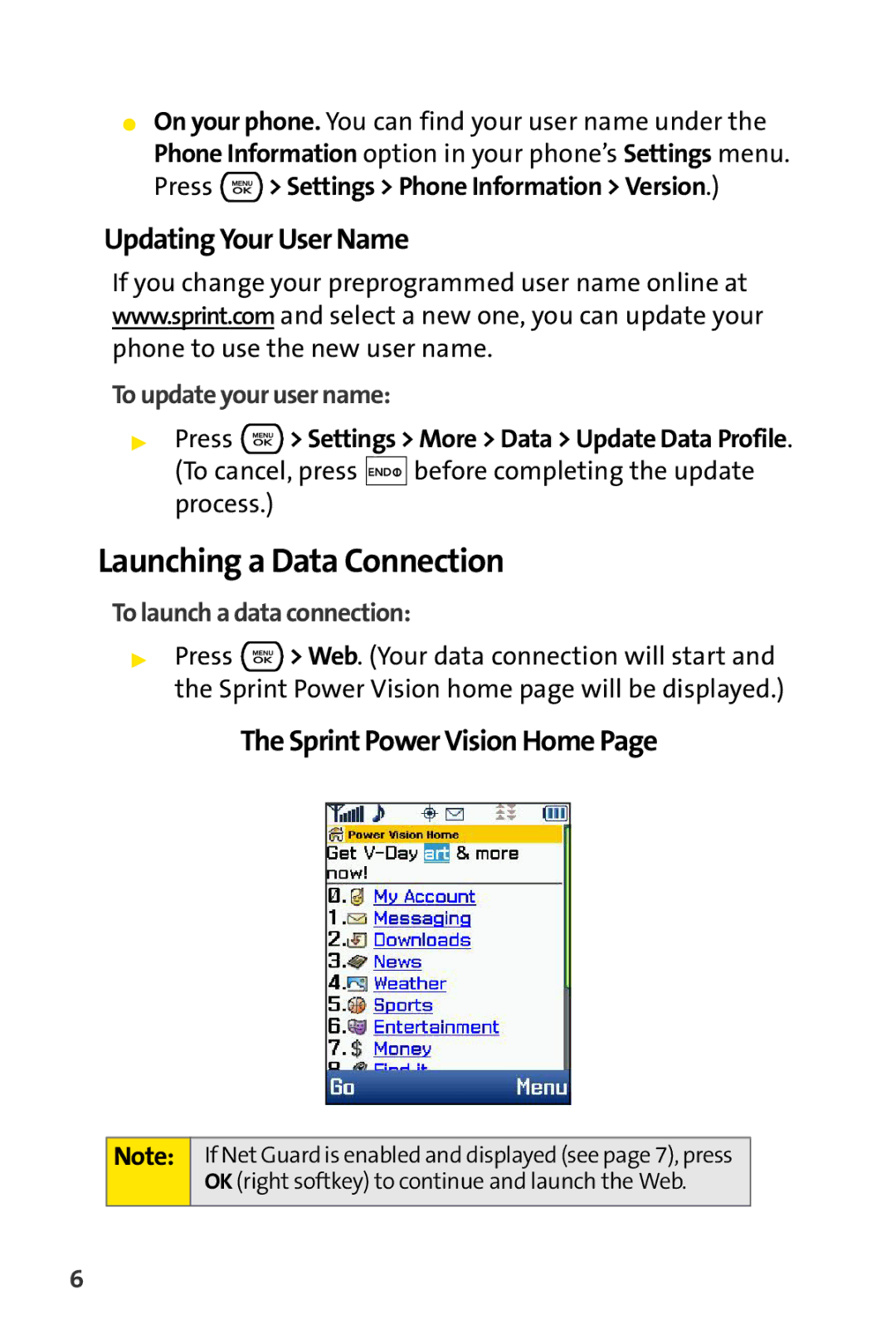 Sprint Nextel CRT Television manual Launching a Data Connection, Updating Your User Name, Sprint Power Vision Home 