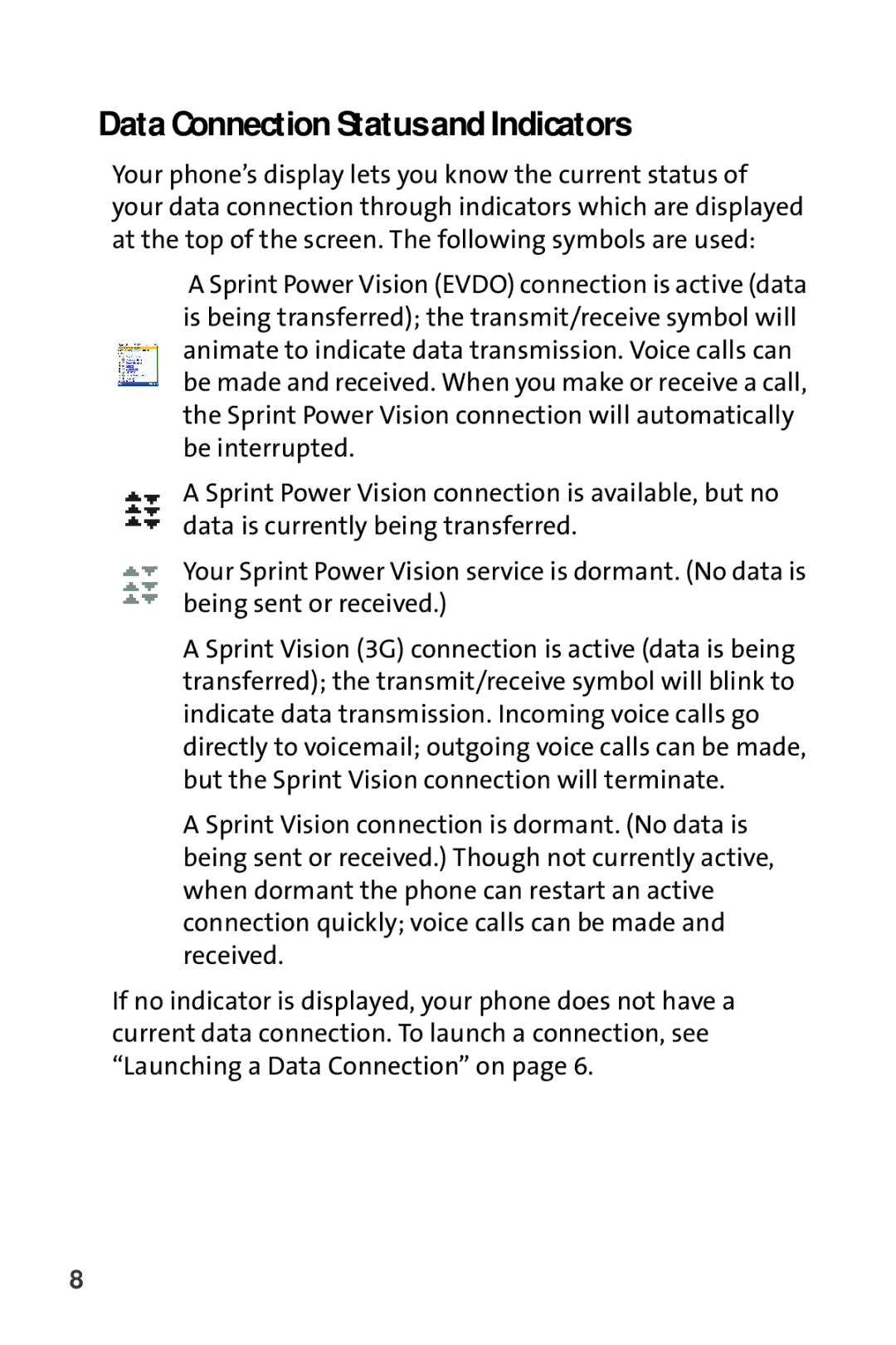 Sprint Nextel CRT Television manual Data Connection Status and Indicators 