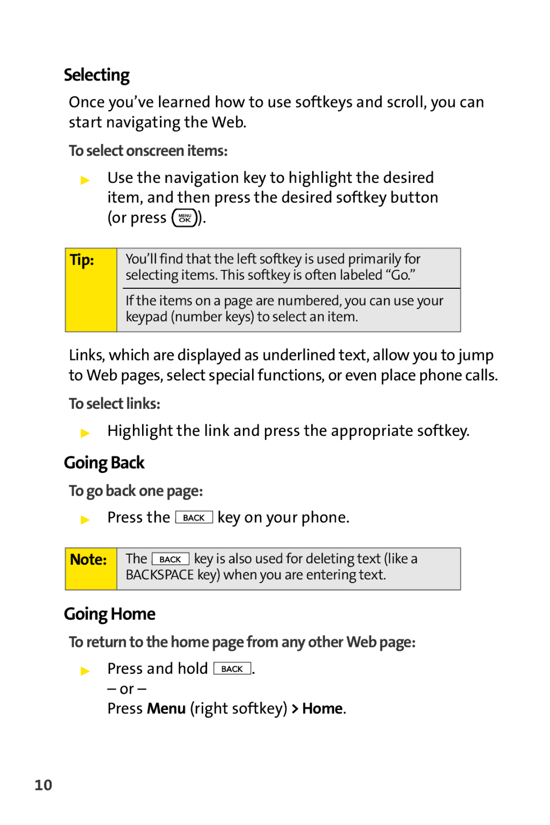 Sprint Nextel CRT Television manual Selecting, Going Back, Going Home 