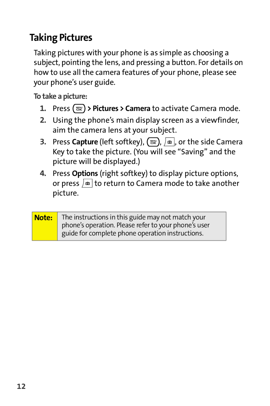 Sprint Nextel CRT Television manual Taking Pictures, To take a picture 