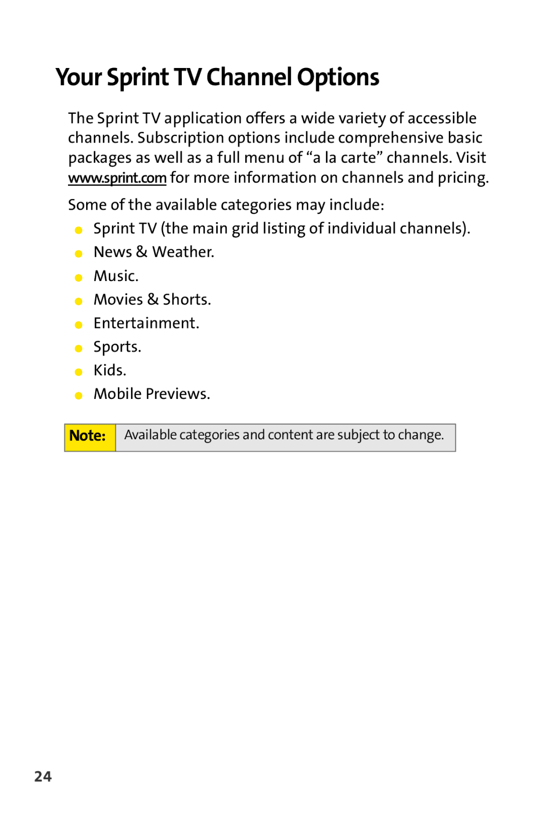 Sprint Nextel CRT Television manual Your Sprint TV Channel Options 