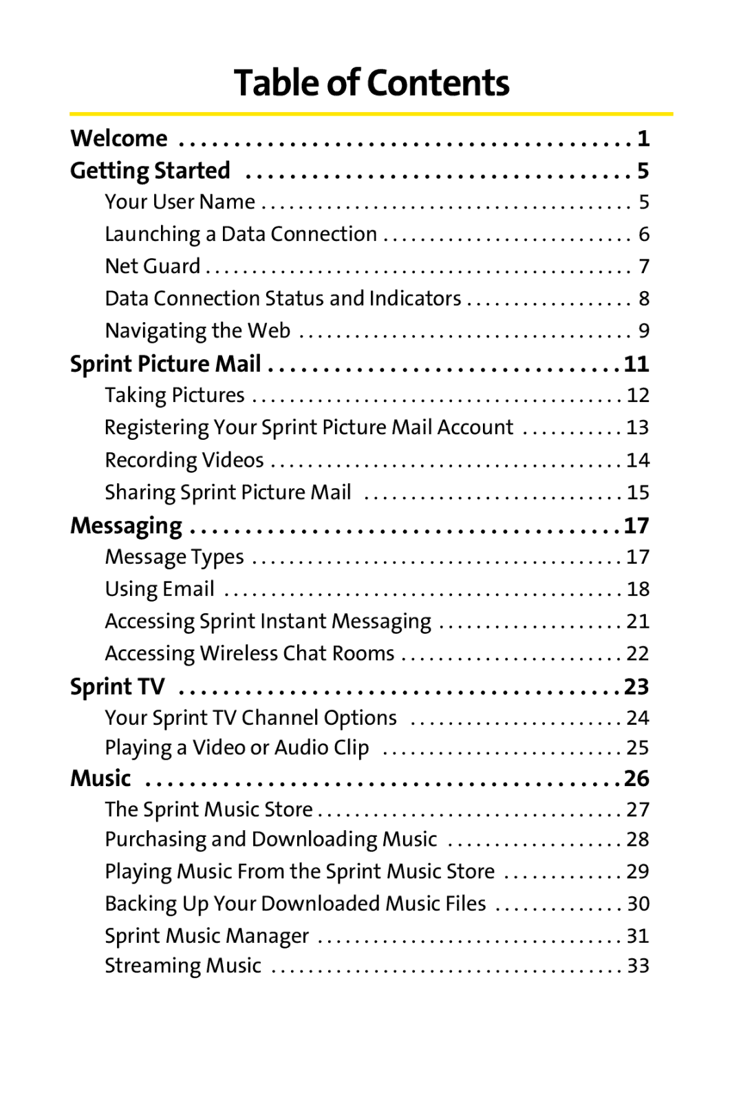 Sprint Nextel CRT Television manual Table of Contents 