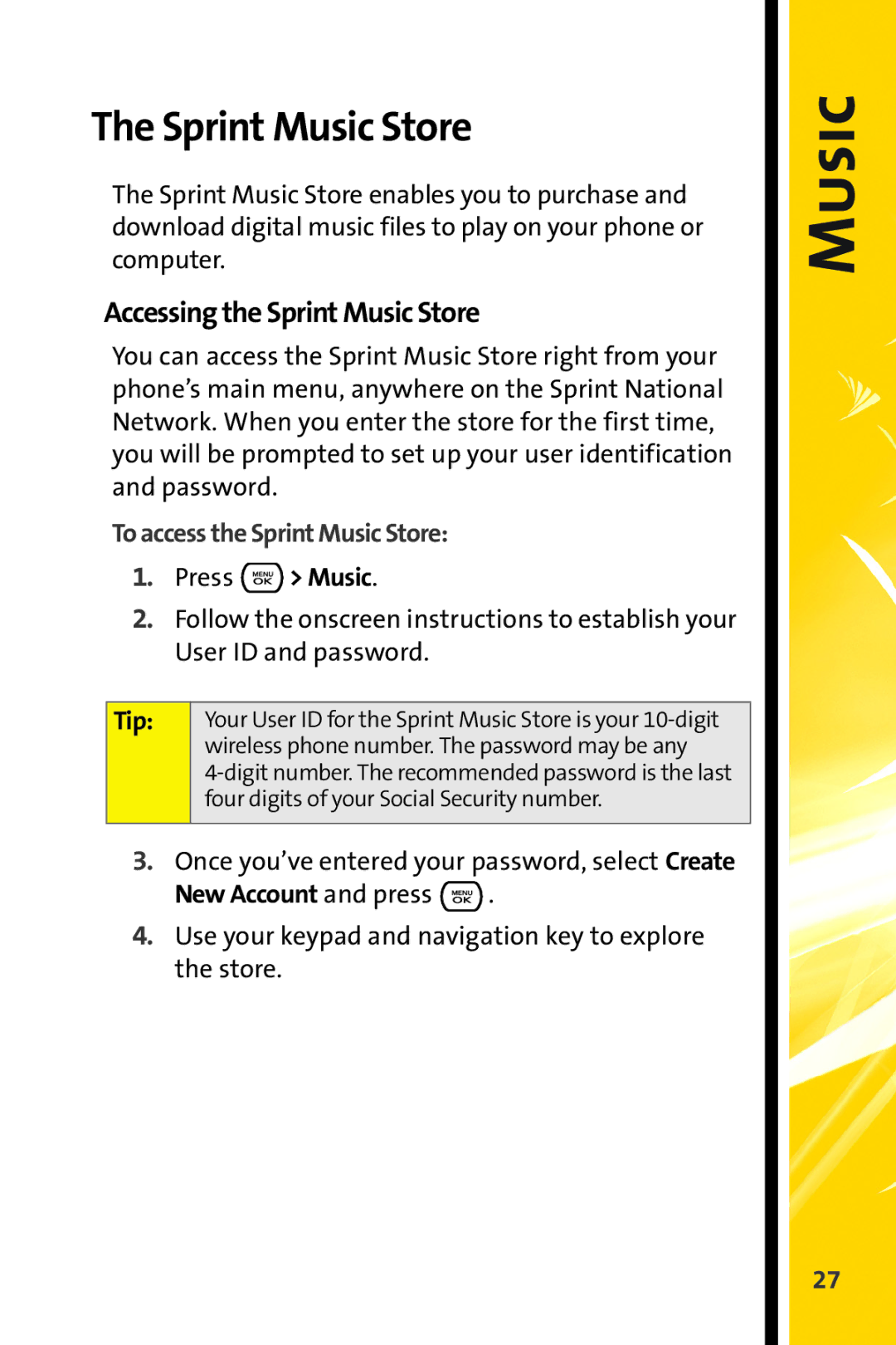 Sprint Nextel CRT Television manual Accessing the Sprint Music Store, To access the Sprint Music Store, Press Music 