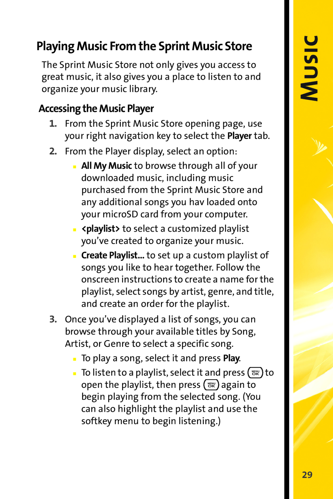 Sprint Nextel CRT Television manual Playing Music From the Sprint Music Store, Accessing the Music Player 