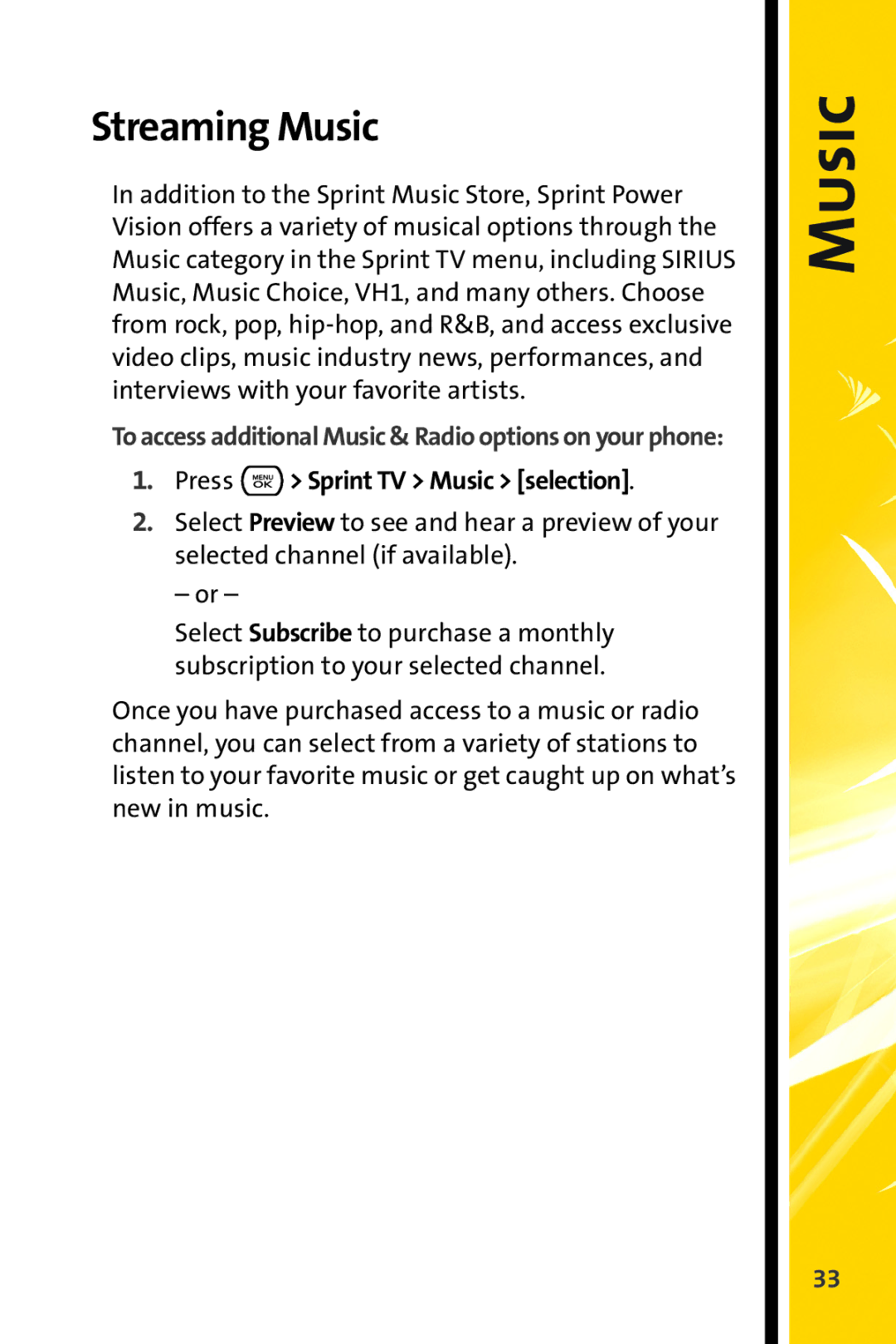 Sprint Nextel CRT Television manual Streaming Music, Press Sprint TV Music selection 