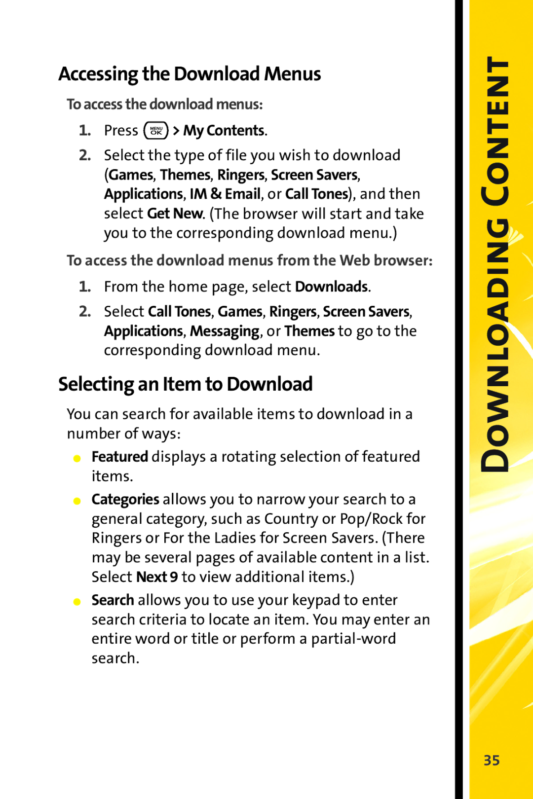 Sprint Nextel CRT Television manual Downloading Content, Accessing the Download Menus, Selecting an Item to Download 