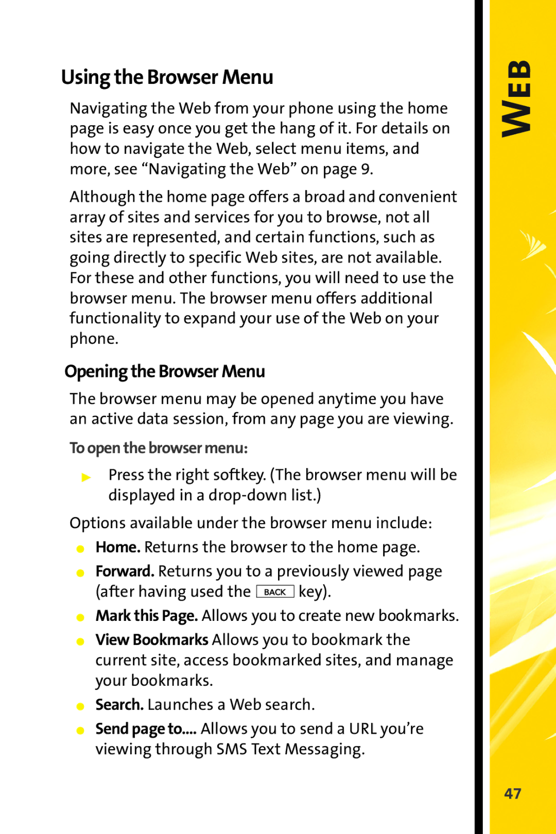 Sprint Nextel CRT Television manual Web, Using the Browser Menu, Opening the Browser Menu, To open the browser menu 