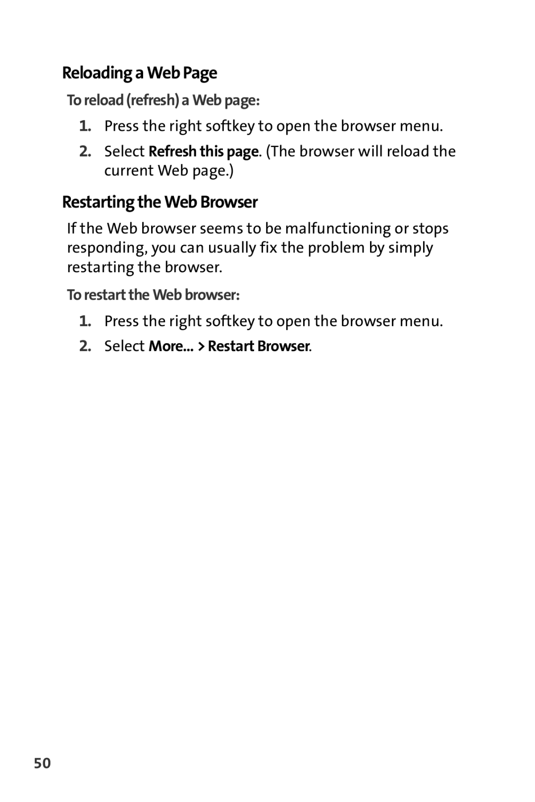 Sprint Nextel CRT Television manual Reloading a Web, Restarting the Web Browser, To reload refresh a Web 