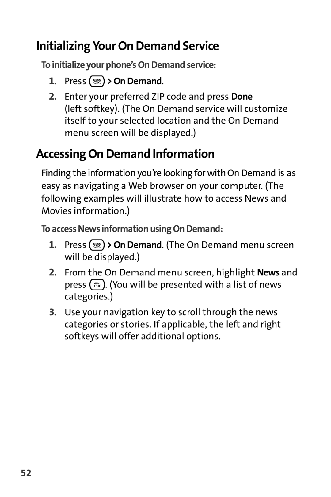 Sprint Nextel CRT Television manual Initializing Your On Demand Service, Accessing On Demand Information, Press On Demand 